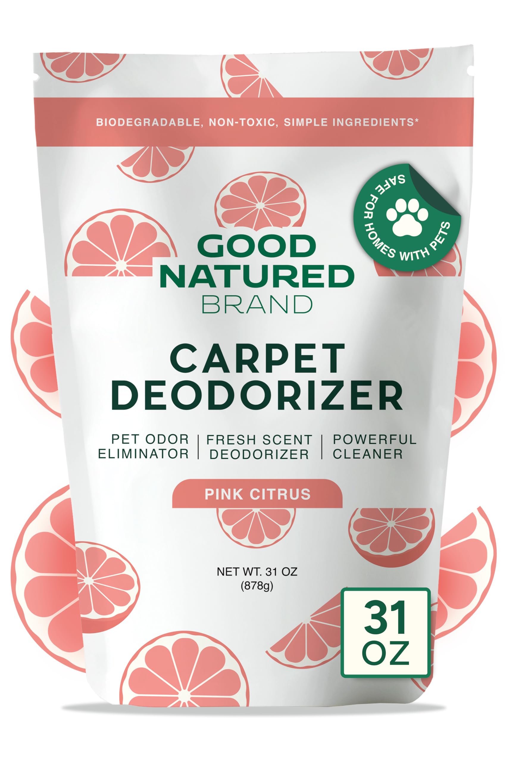 Good Natured Brand | Carpet Deodorizer & Freshener Powder | 31 oz Pet Odor Eliminator for Strong Odor & Pet Urine | Fresh Natural Pink Citrus Scent |