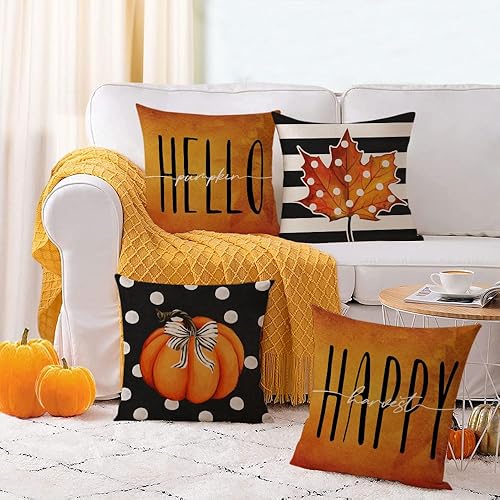 Miniatura 5 de YeeJu Juego de 4 fundas de almohada de otoño de 12 x 12 pulgadas, fundas de almohada de calabaza de Acción de Gracias, color naranja y negro, fundas