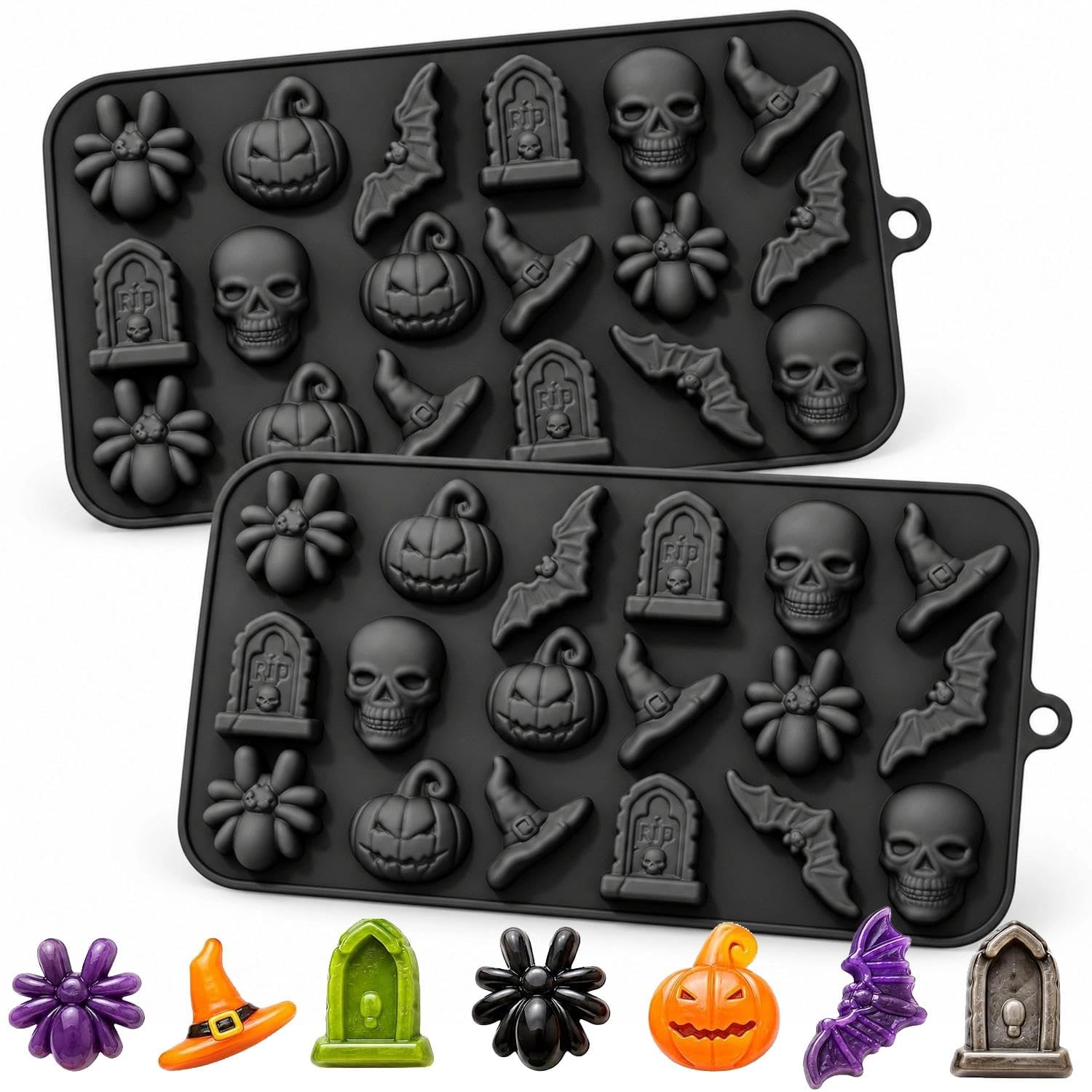 2 Pcs Silicone Halloween Candy Moulds, Silicone Chocolate Molds for Total of 18 Cavities, Candy Moulds for Contains Elements Such as Ghosts, Pumpkin Heads, Witch Hats (Black)