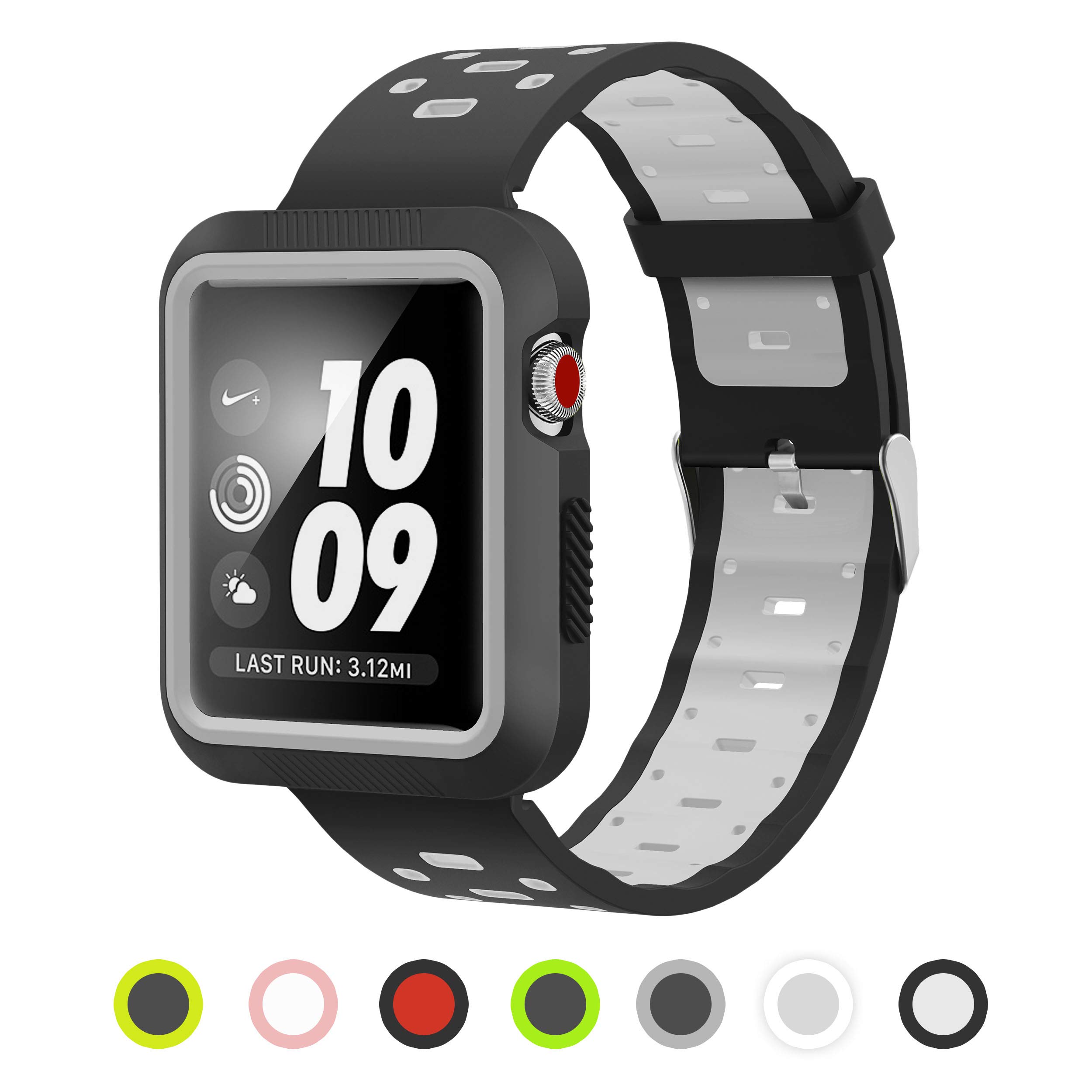 Pantheon Compatible Apple Watch Band 38mm 40mm 42mm 44mm Silicone Built in Bumper - Waterproof Sport Strap Series 4 3 2 1 42mm / 44mm Black and Gray AWBS-BUMP42-BLKGRY2