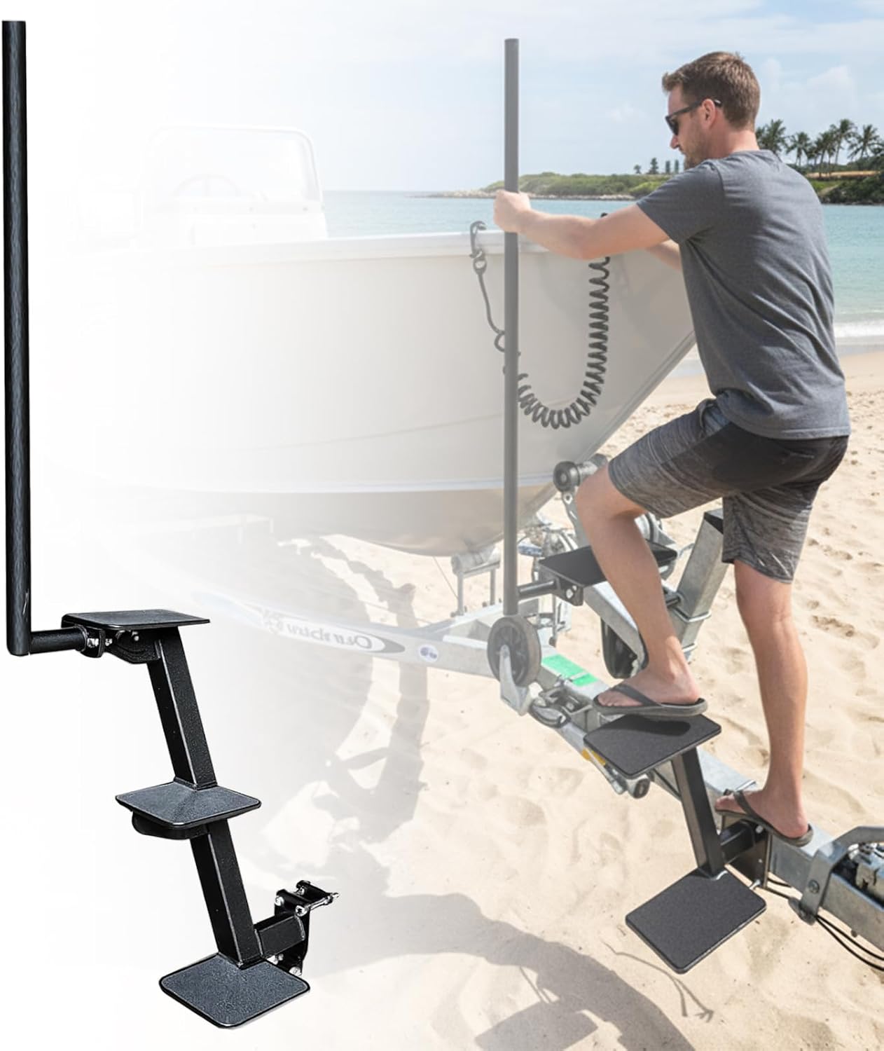 3-Step Boat Trailer Step with Safety Handle, Heavy Duty 1100 lbs Tongue Footrest Ladder for Pontoon & Bass Boats, Non-Slip Boarding Accessory