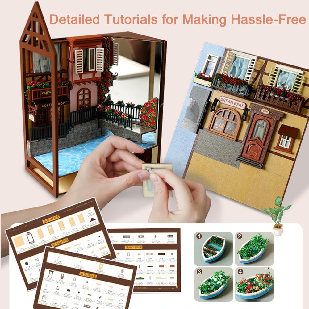 French Style Mini Wooden Book Nook kit Romantic Fairy Tale Town Building Model DIY Book Block Bookshelf Model with Furniture for Adult (Leisurely Years)