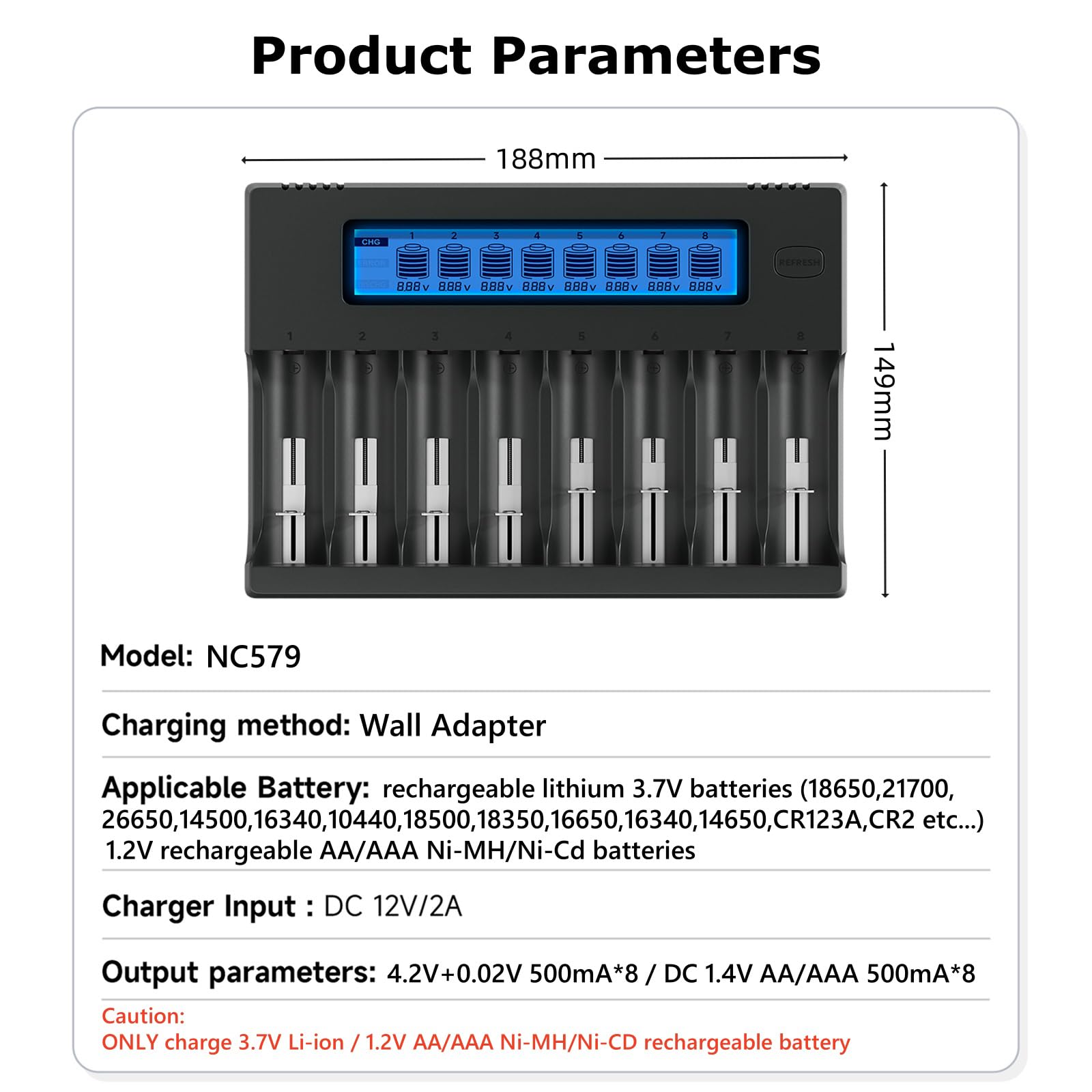 CITYORK 8 Bay 18650 Battery Charger LCD Display Universal Charger for 3.7V Lithium Rechargeable Batteries 18650 18490 18350 17670 17500 16340(RCR123) 14500 with Wall Adapter(Batteries not Included)