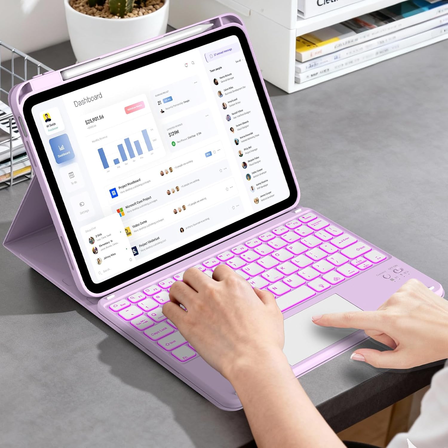 Keyboard for iPad 11th Gen, 11/10.9inch iPad Case with Pencil Holder, Multi-Touch Trackpad 7 Color Backlit, 11inch A16/10.9" case with Wireless Keyboard Folio Cover Auto Wake/Sleep, Purple