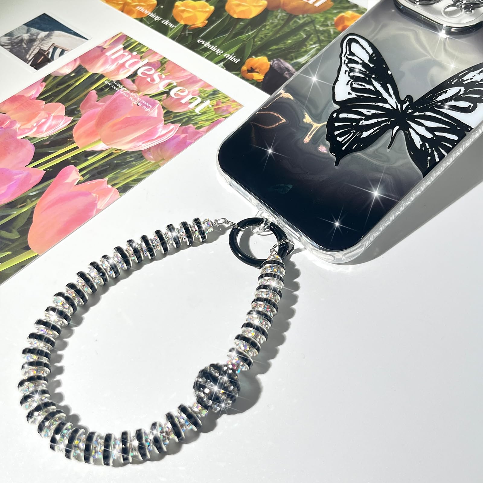 MGQILING Diamond Phone Charm With Phone Tether Tab, Luxury Bling Diamond Pearl Glitter Wrist Strap, Hanging Accessory Anti-loss Phone Lanyard for Women Girls-Black