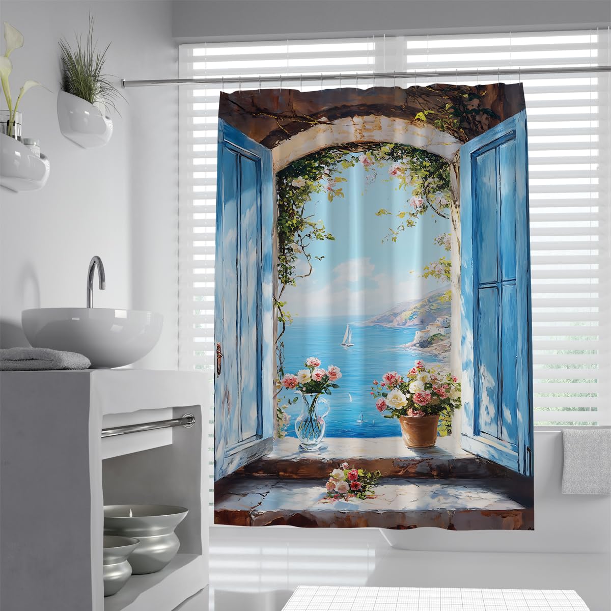 UERWOWELL Italian Coastal Town Shower Curtain Sunny Day Stone Windowsill Flower Pot Sailboat View Washable Polyester Fabric Bathroom Curtain Decor W120xL200 cm