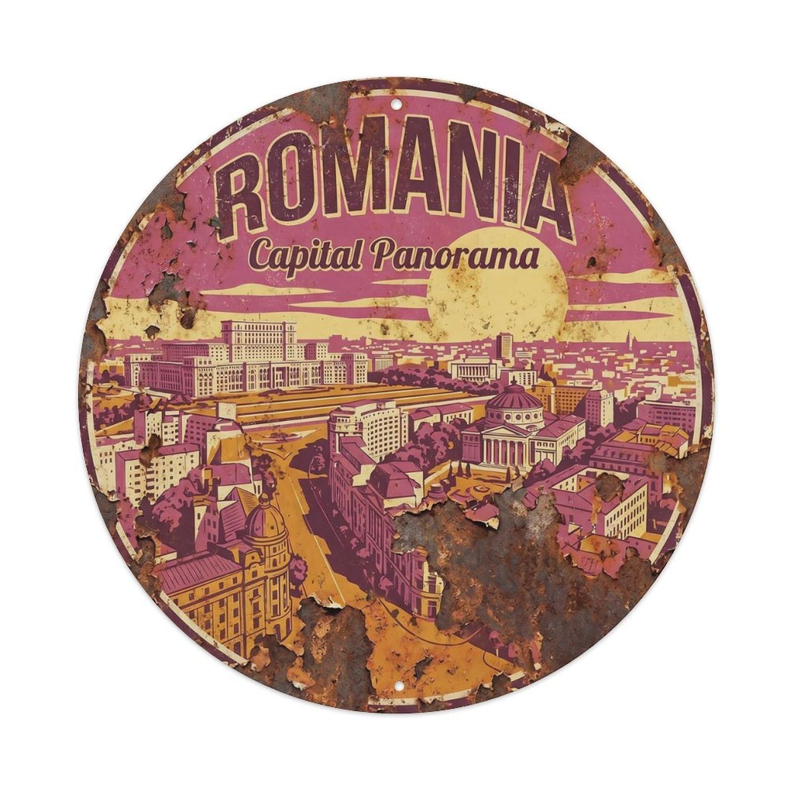 Romania Capital Destination Scenery Panorama Landmark Metal Tin Sign Plaque Wall Decor for Cafe, Man Cave, Club Bar, Office, Home Garden Round Metal Poster 8x8Inch