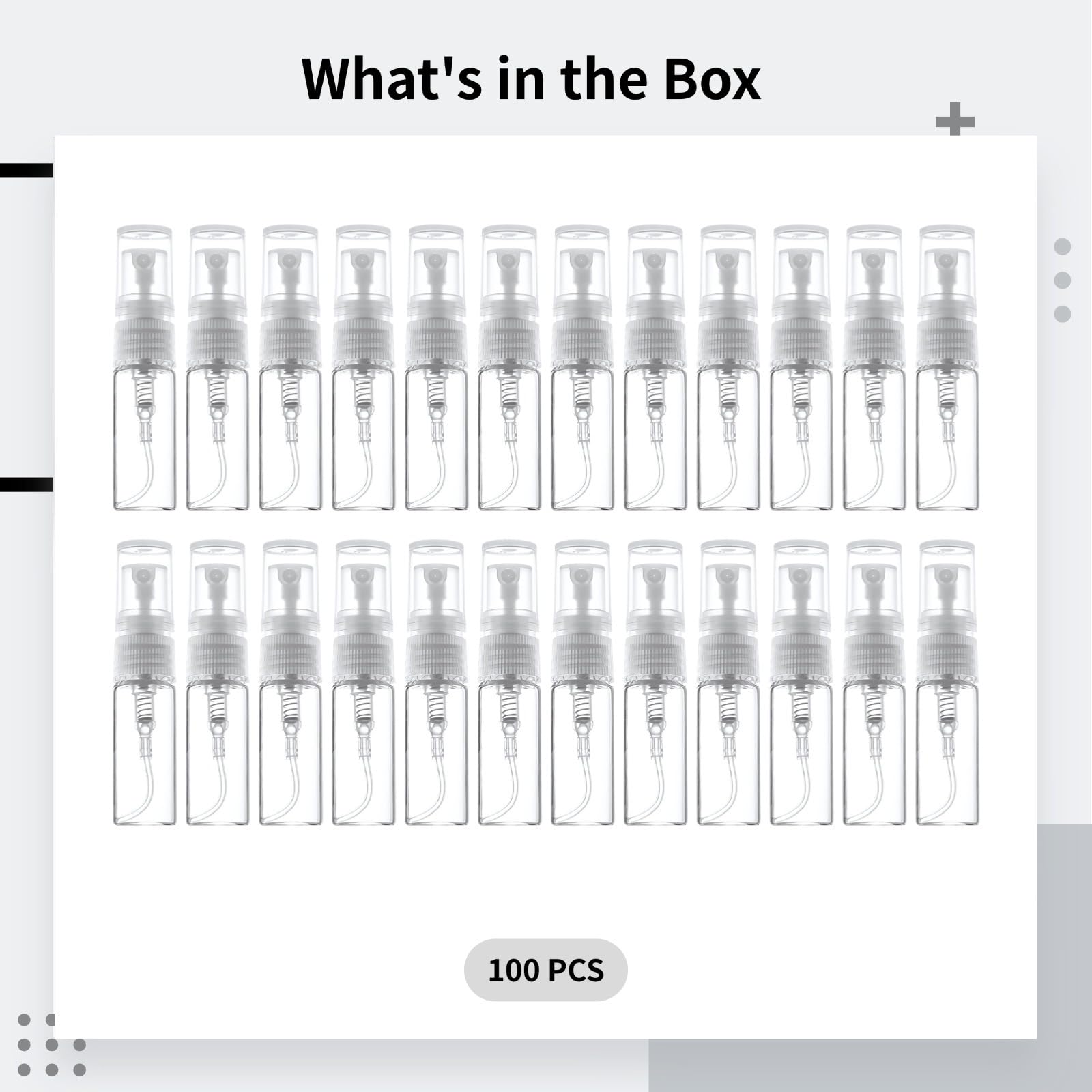 Mini-Glas-Sprühflaschen, 3 ml, transparent, für Parfüm, Probenbehälter mit auslaufsicherem Mechanismus, Sprühgeräte in Reisegröße für Duft, ätherische Öle und Gesichtsnebel, 100 Stück