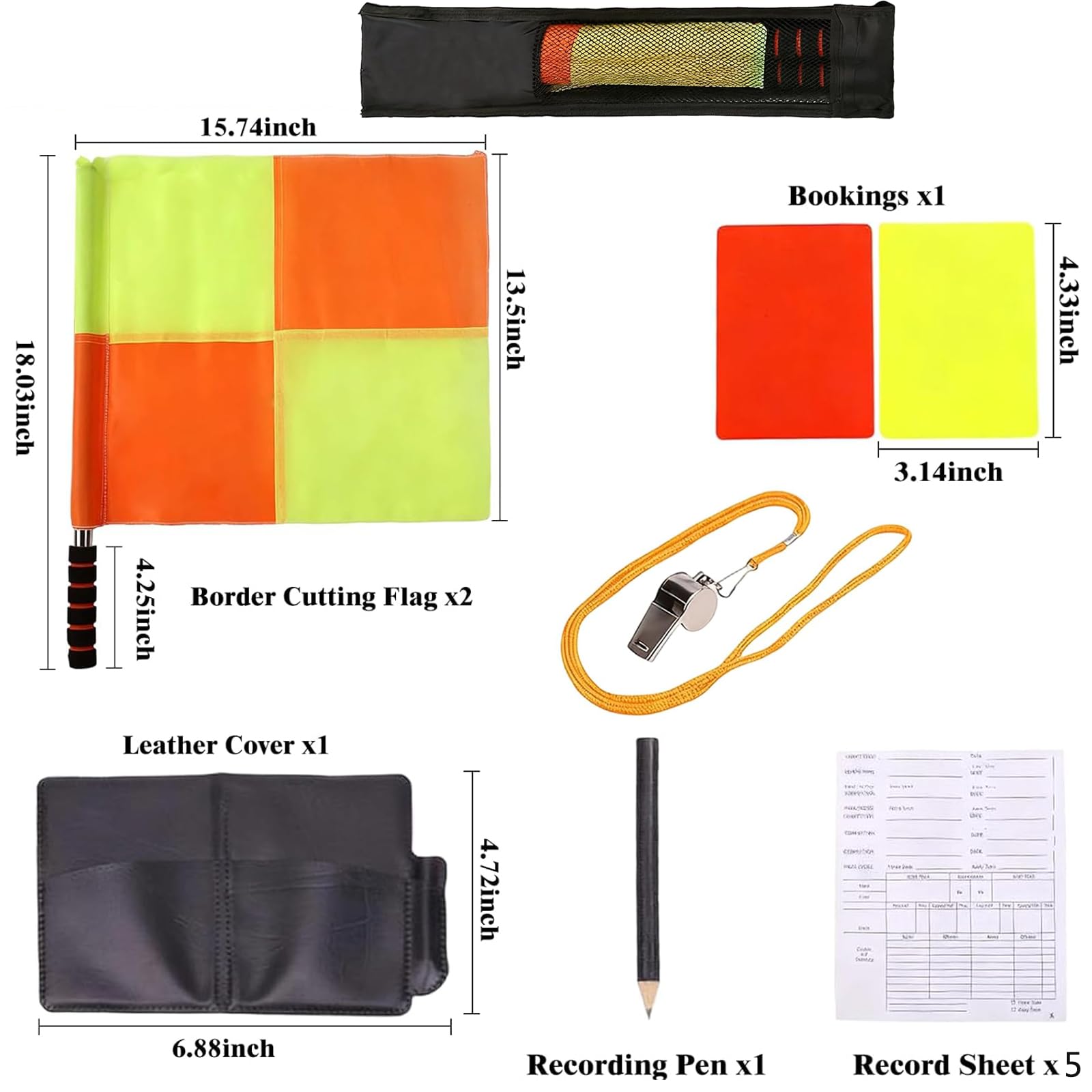 Fußball-Schiedsrichterflagge, kariertes Linienführungsflaggen-Set mit Aufbewahrungstasche, Metallstange, Schaumstoffgriff, wasserdicht, rot-gelbe Karten mit Notizbuch und Bleistift, Edelstahlpfeifen