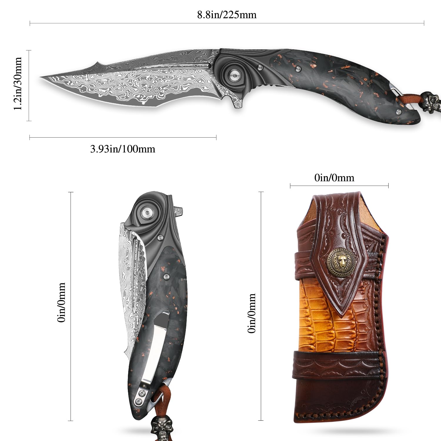 Herren-Klappmesser, handgefertigtes Damaststahl-Taschenmesser, 3,9 Zoll Klinge mit Clip und Lederscheide, Liner Lock, Kohlefaser-Griff, geeignet für EDC Camping Expeditionen, Wandern tragen, Geschenk