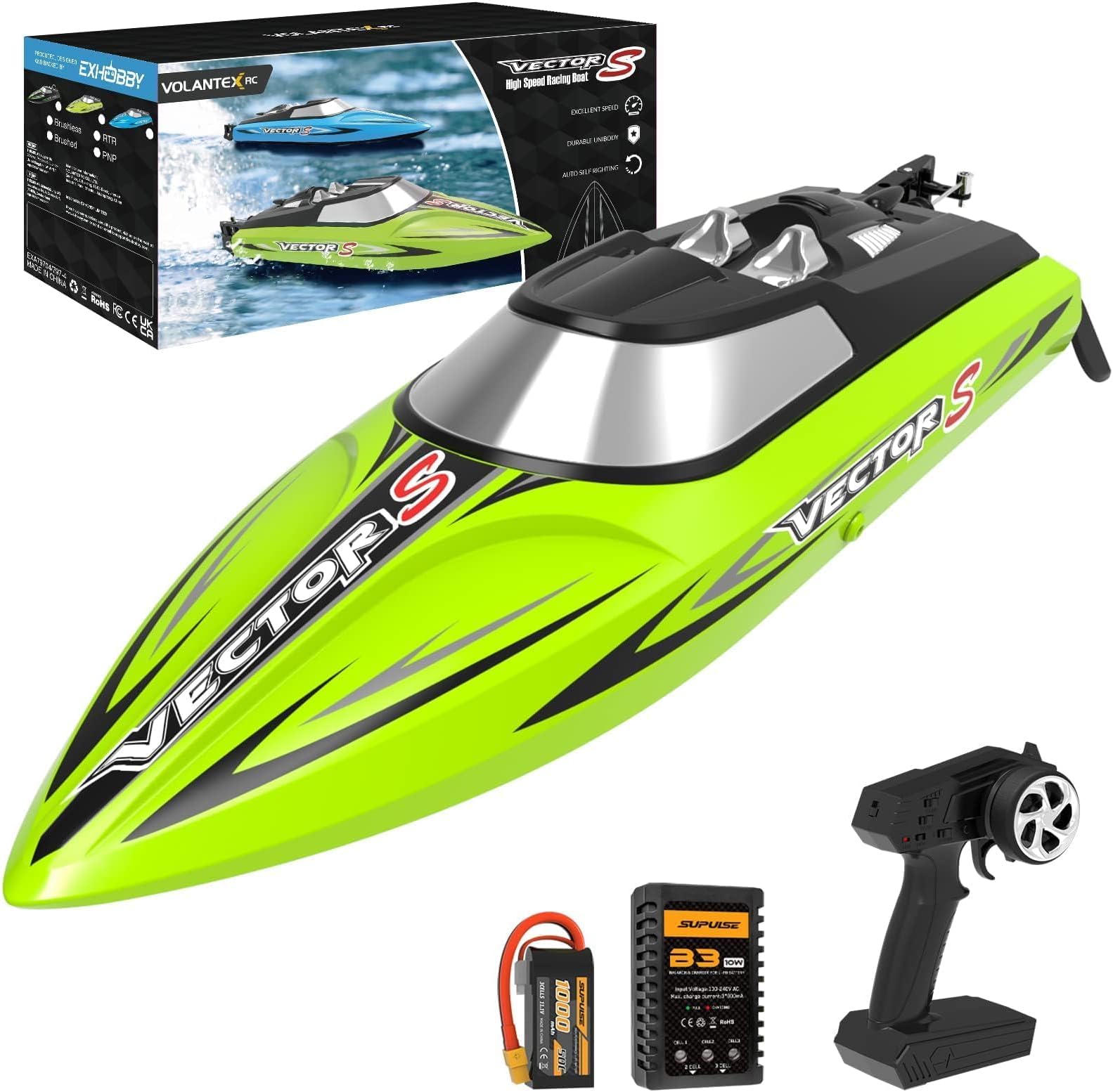 VOLANTEXRC Brushless Remote Control Boat, 30+ MPH 17.7" High Speed RC Boats for Pools and Lakes?2.4GHz Racing Boat with Rechargeable Battery Low Battery Alarm for Adult(Green)
