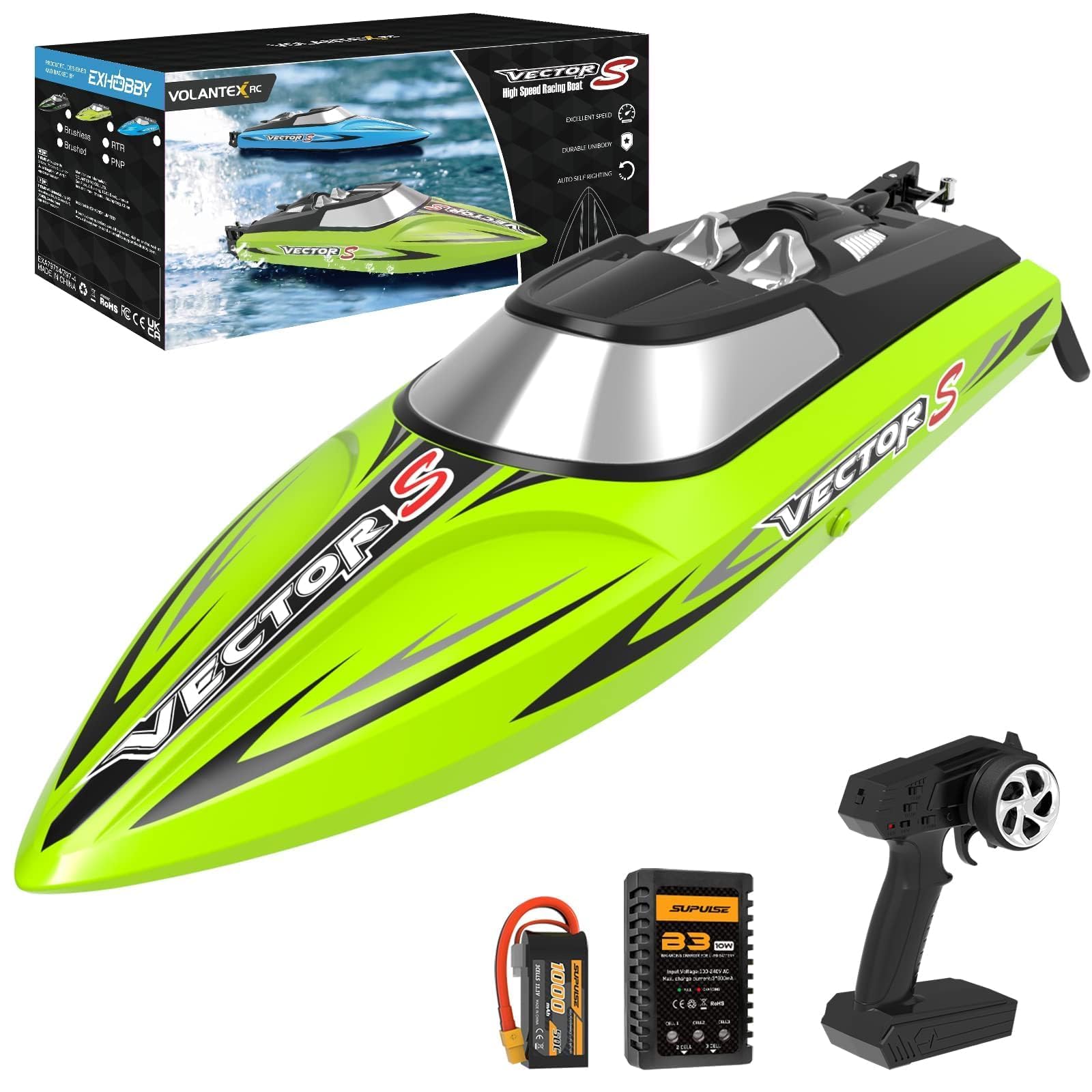 VOLANTEXRC Brushless Remote Control Boat, 30+ MPH 17.7" High Speed RC Boats for Pools and Lakes?2.4GHz Racing Boat with Rechargeable Battery Low Battery Alarm for Adult(Green)