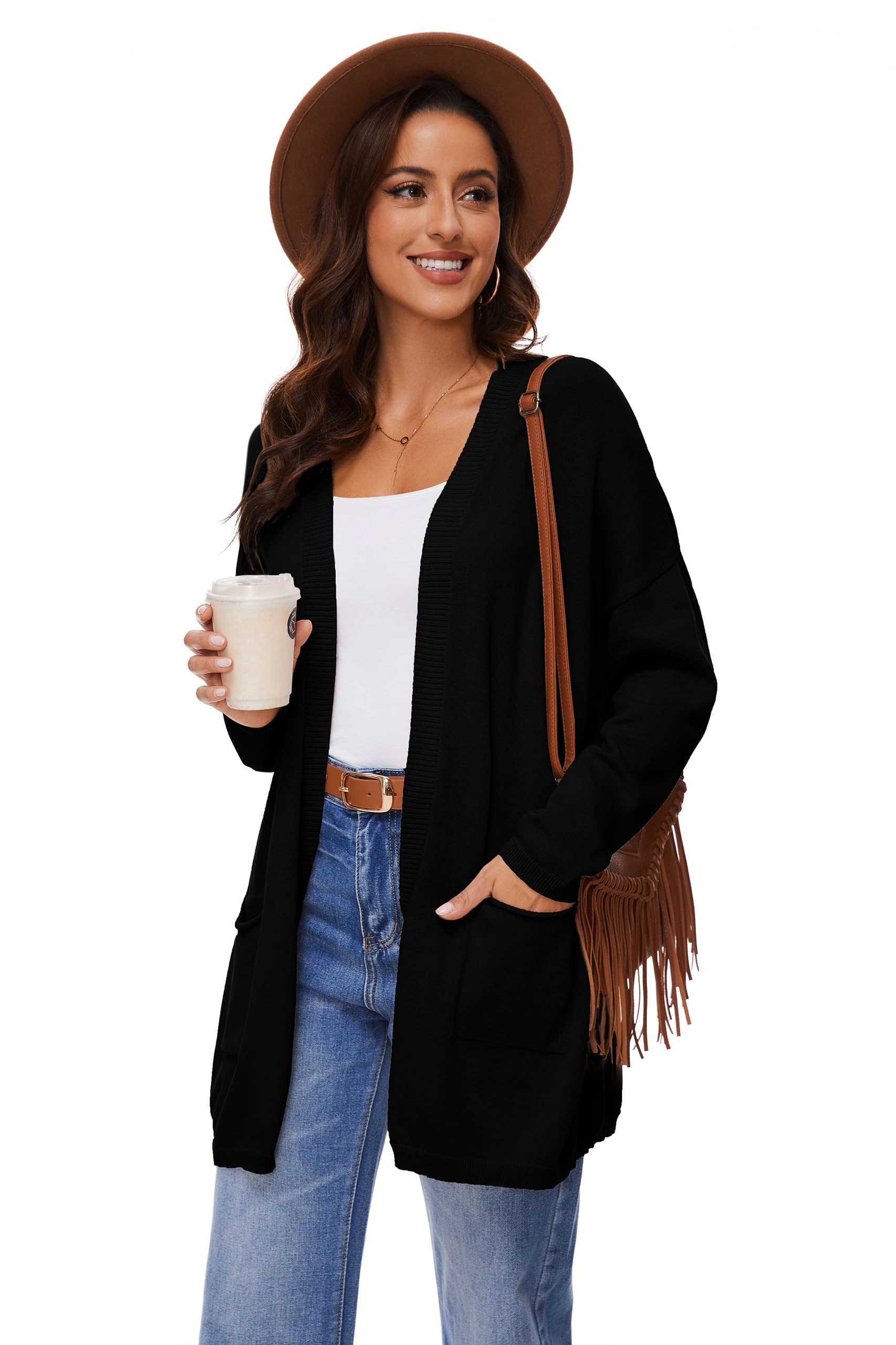 Cárdigan Abierto De Manga Larga 100% Algodón para Mujer con Bolsillos, Suéter Casual Suelto Y Ligero, Negro, XL
