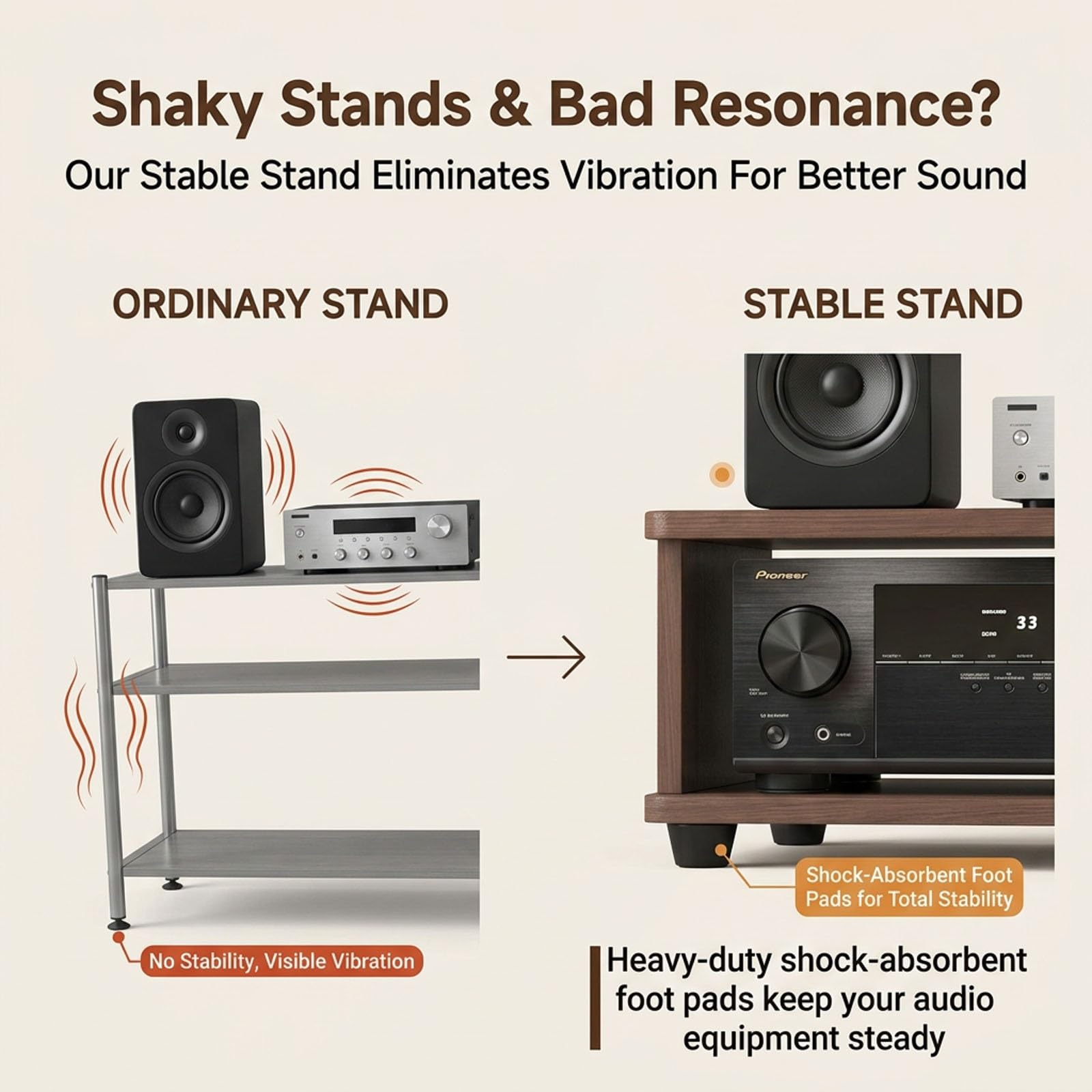 Supporto Audio, Mobile Stereo in Legno a 4 Ripiani con cassetto e Piedini ammortizzanti per Ufficio Domestico e Home Theater | Walnut