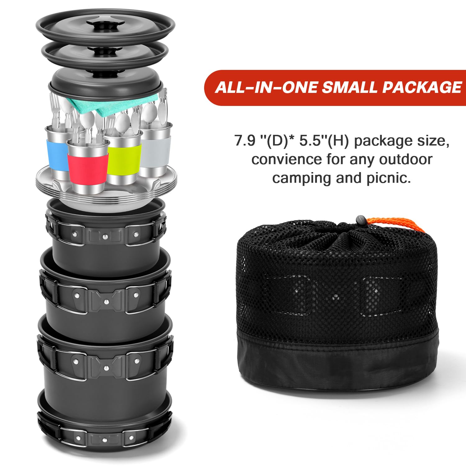 Odoland Kit de utensilios de cocina de camping para 3-4 personas, portátil, de acero inoxidable, para camping, mochileros, cocina al aire libre y picnic