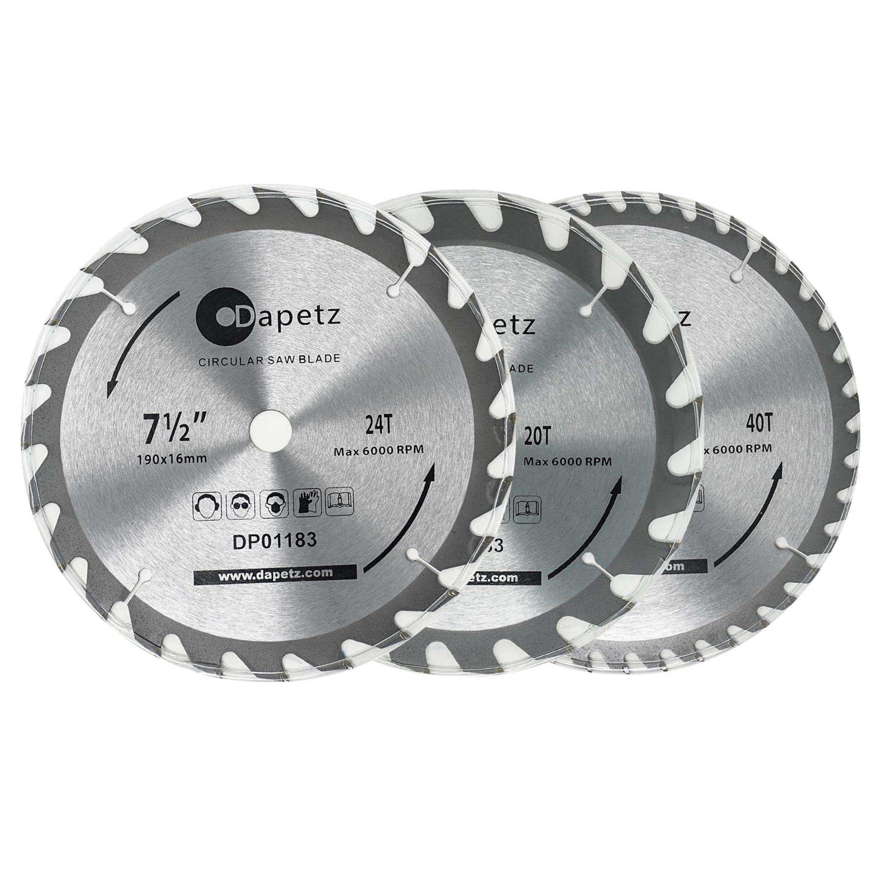 Dapetz ® 3Pc 190mm TCT Circular Wood Saw Blades 20, 24 & 40 Teeth 16mm Bore Ideal for Hardwood, Softwood & Chipboard Compatible with Various Circular Saws
