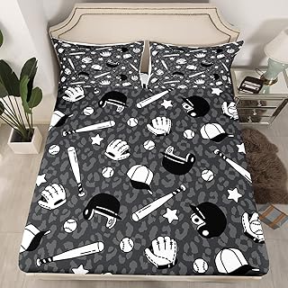 Baseball Theme Bedding Set Black Grey Leopard Print Fitted Sheet Queen Size Kids Boys Girls Teens Room Decor Ball Sports Gaming Bed Sheet Baseball Bat Hat Star Pattern Deep Packet Sheet 3pcs