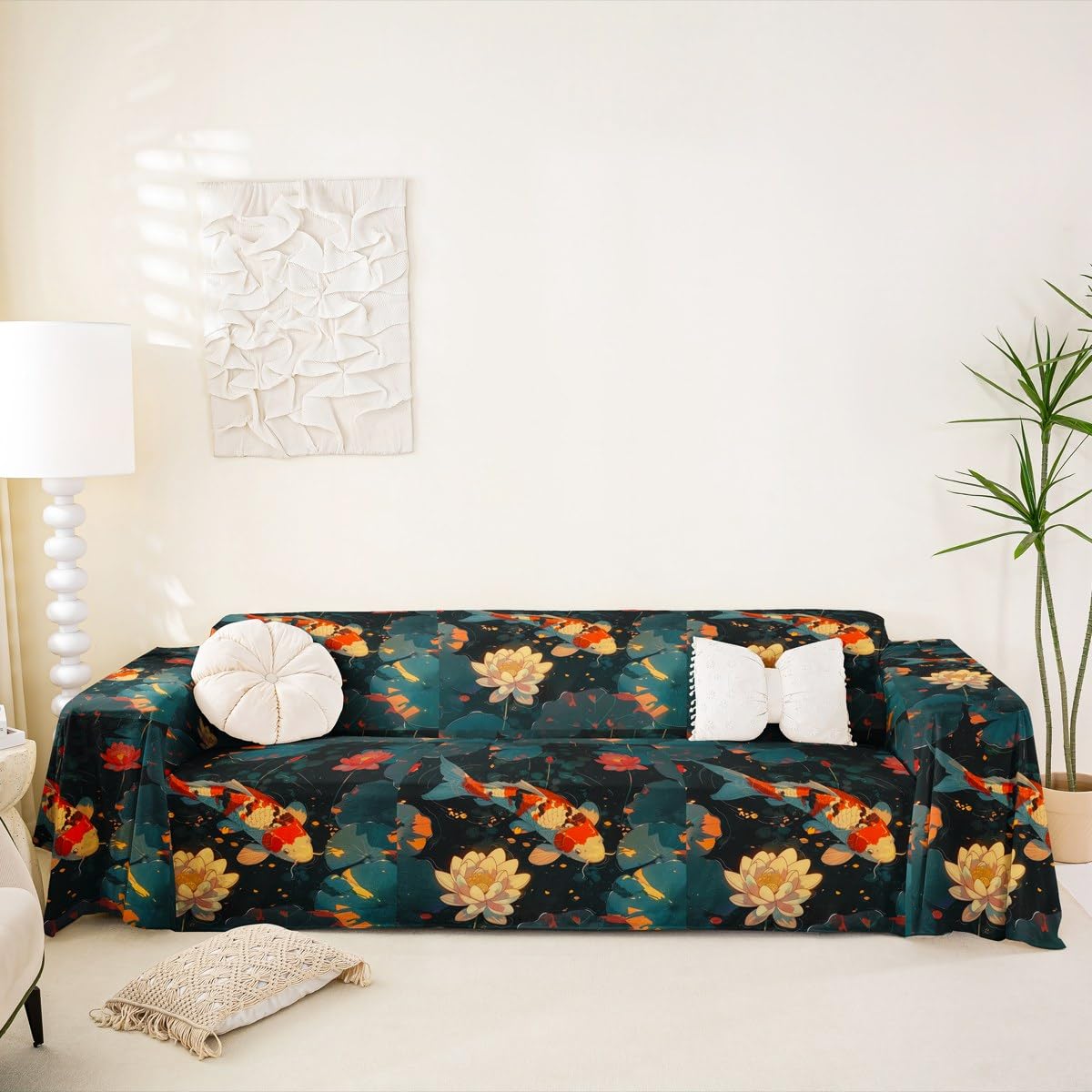 Homewish Uroczy pokrowiec na kanapę z rybą koi lilie wodne pokrowiec na sofę japońskie zwierzę kanapa ochraniacz liście lotosu ochraniacz na sofę, 180 x 300