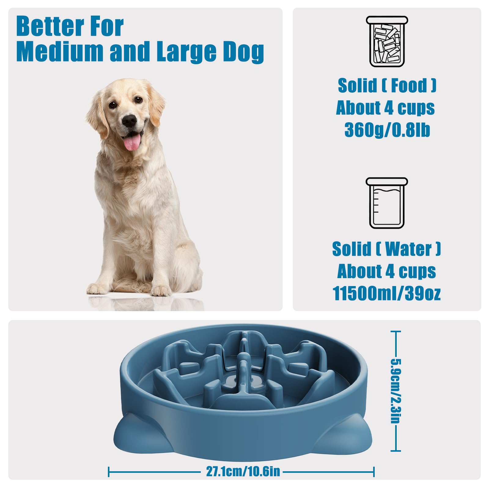 TOKAYIFE Ciotola anti ingozzamento 27.1cm Cibo lento per animali domestici Ciotola per cani e gatti Anti-rigurgito Antiscivolo Durevole (L, Blu)