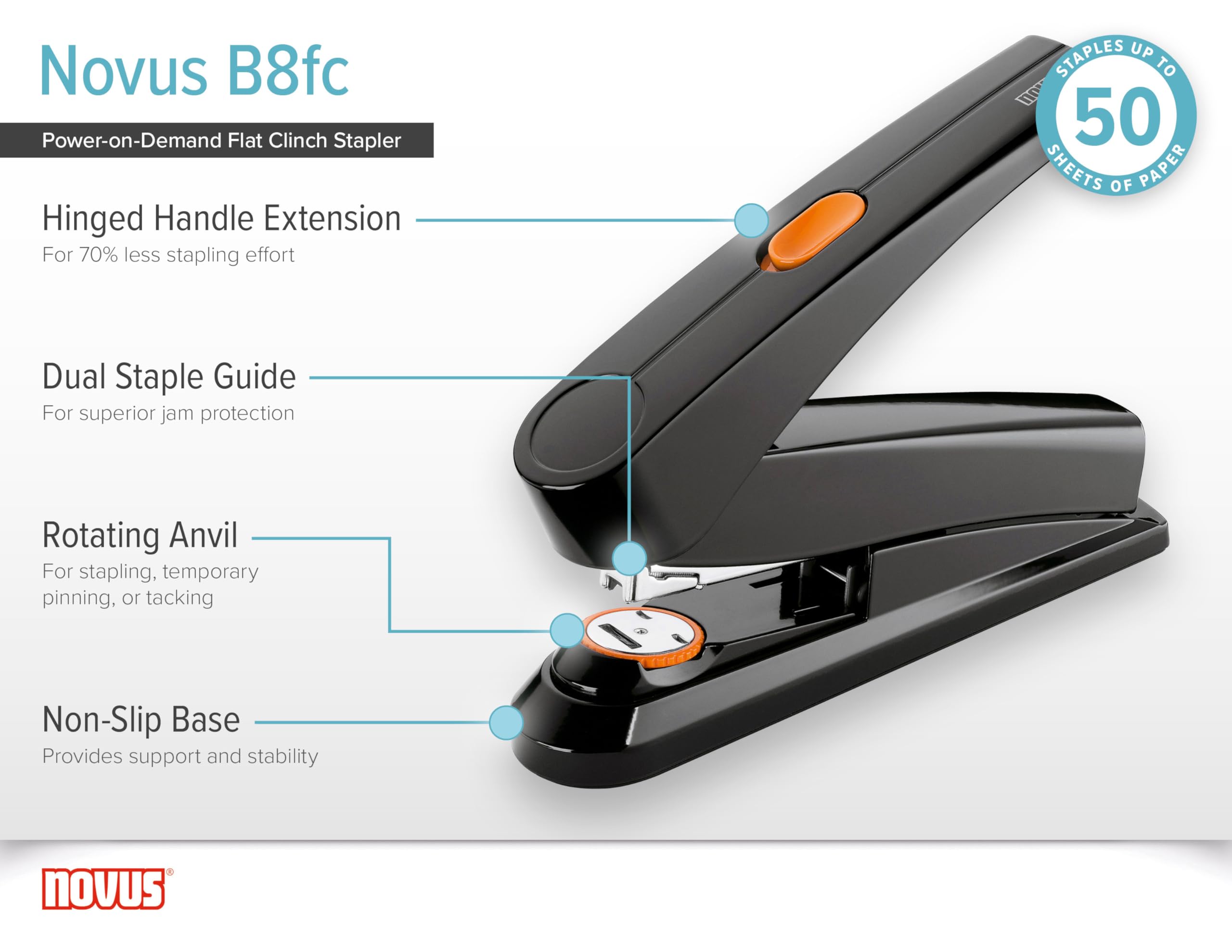 Novus B8FC - Grapadora de alto rendimiento (capacidad de grapado: 50 hojas), color negro