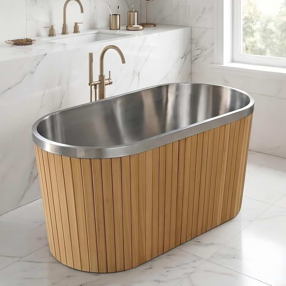 63" Edeyeu Freestanding Bathtub - Stainless Steel And Wood Soaking Tub, Extra Deep Spa Design, Cold Plunge Tub For Ice Bath Therapy, Modern Stand Alone Bath For Indoor Outdoor Use, Wood color