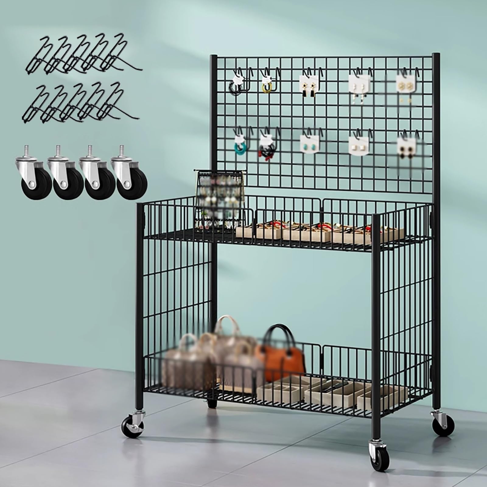Carrello portatile pieghevole per mercatini delle pulci con ruote, carrello mobile per venditori, eventi, bancarelle alimentari all'aperto, fiere d'arte e vendita al dettaglio, nero (lunghezza 65 cm)