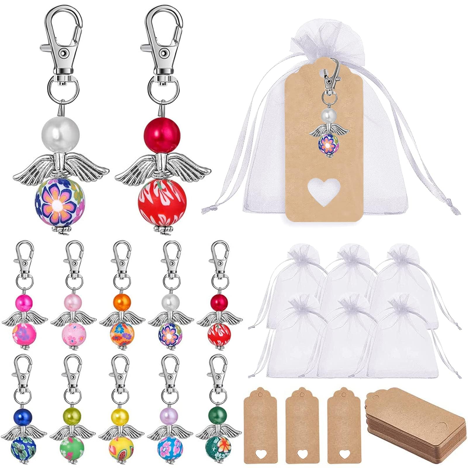 Colgante Llavero Angel, Llavero de Ángel de Perlas | Bolsas de Organza,Etiqueta Kraft,Colgante de Regalo para Bautizo,Regalos Comunión Confirmación,Juego de Regalos de Boda
