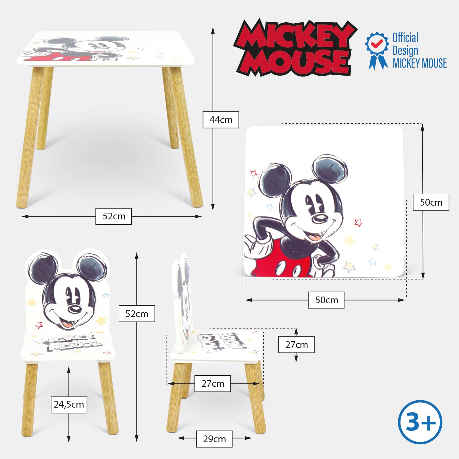 ARDITEX - Set Tavolo e 2 Sedie in Legno per Bambini Licenza Ufficiale Topolino - Tavolo 50x50x44 cm/Sedia 26,5x26,5x50 cm - Blu Chiaro - Ideale per giocare, disegnare e fare lavoretti