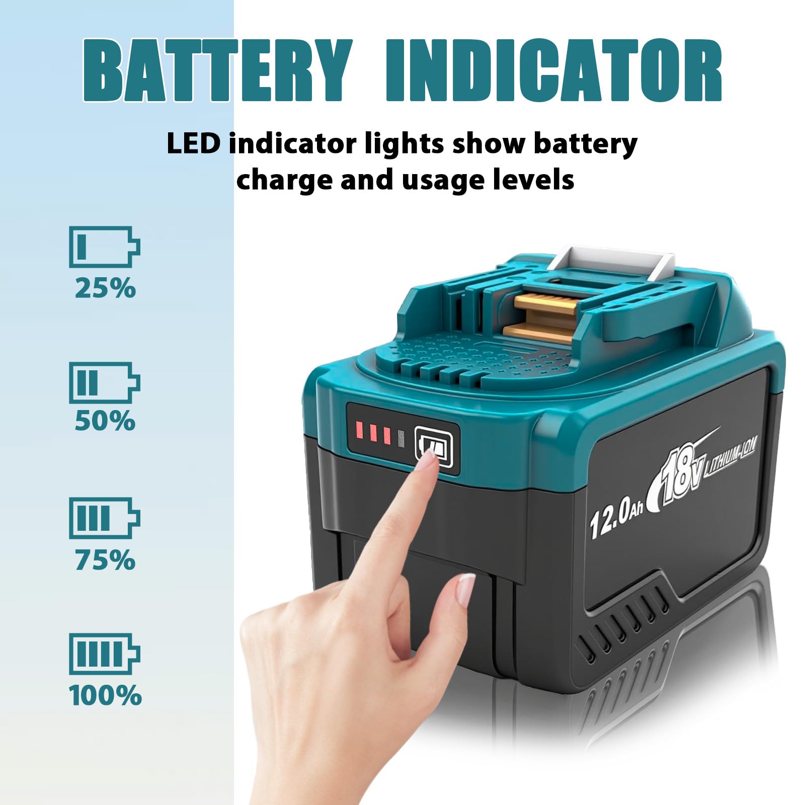 Juego de 2 baterías de iones de litio de 2,0 Ah 18 V con salida tipo C, batería de alta capacidad para herramientas eléctricas inalámbricas de 18 V, indicador de carga LED y protección múltiple