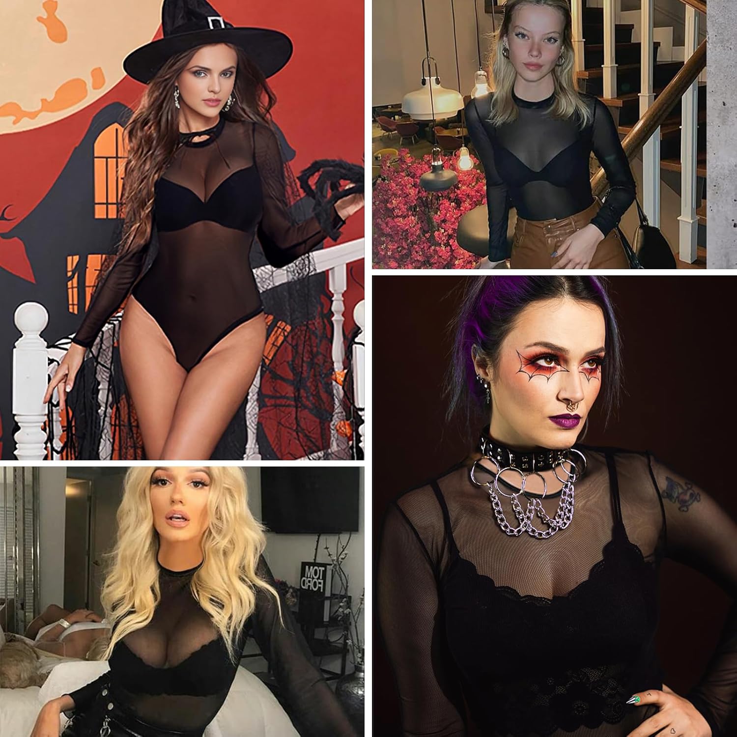 Buauty Long Sleeve Mesh Bodysuit for Women, Sheer Mesh Top Round Neck See Through Leotard Jumpsuit Snap Crotch Clubwear - Image 6