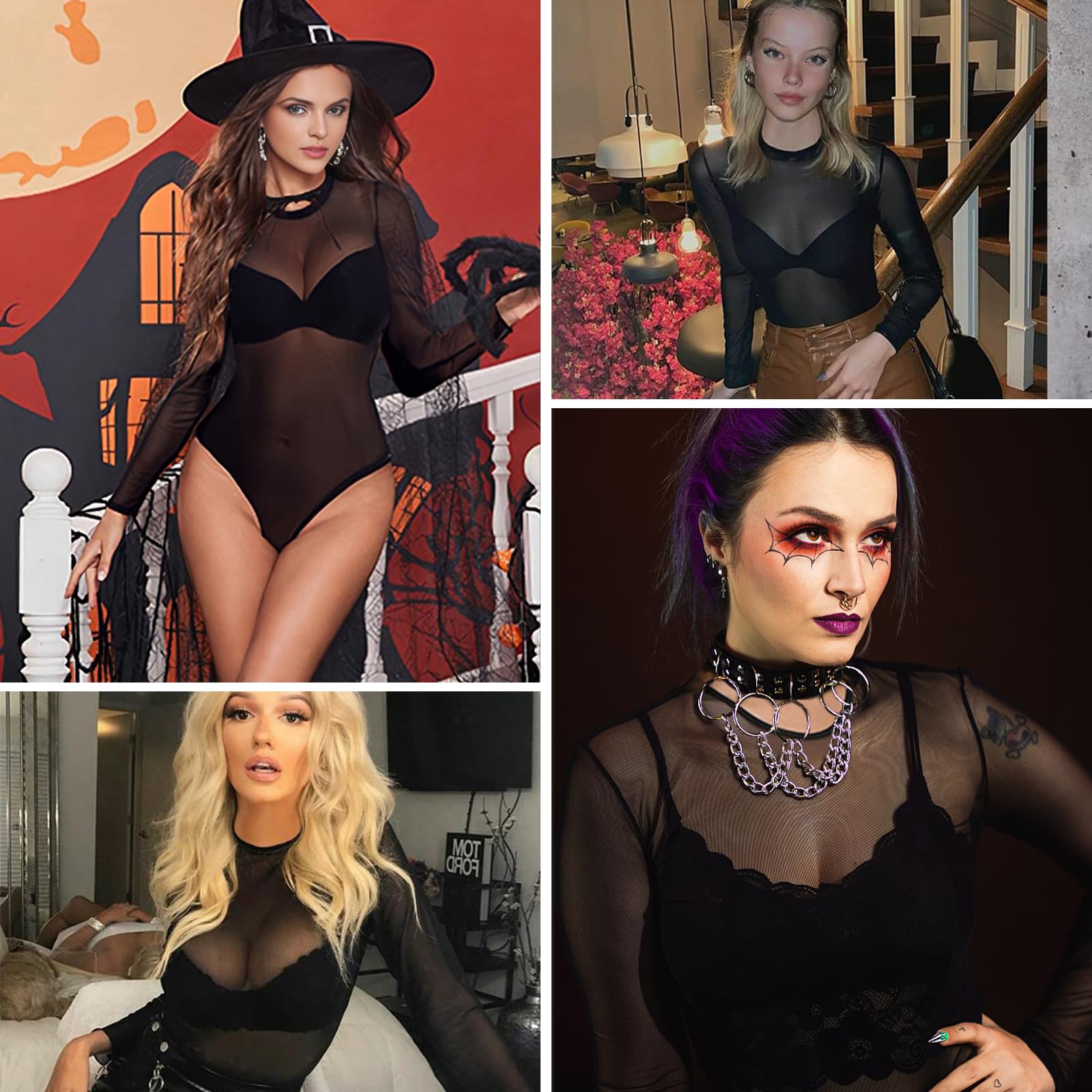 Buauty Body de malla de manga larga para mujer, parte superior de malla transparente, cuello redondo, leotardo transparente con entrepierna a presión, ropa de club