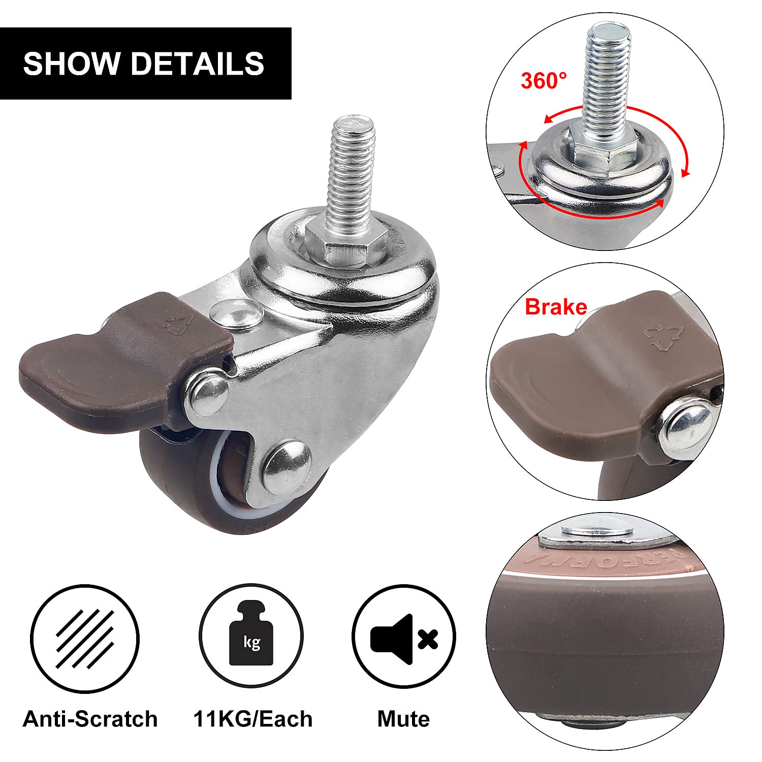 4 Ruote Girevoli Con Freni 38 Mm - Gomma TPE, Filettatura M8 X 15 Mm - Portata 88 Kg - Foto 3