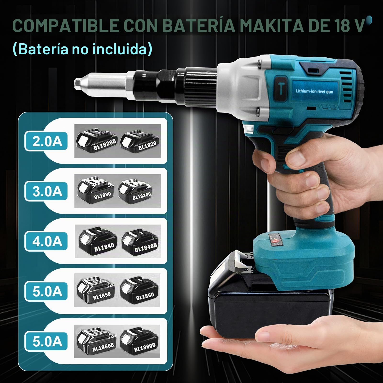 LIROPAU Remachadora a Batería Compatible con Makita 18V | Remachadora Eléctrica Sin Escobillas con luz LED para Remaches Ciegos de 2,4-5,0 mm (Sin Batería)