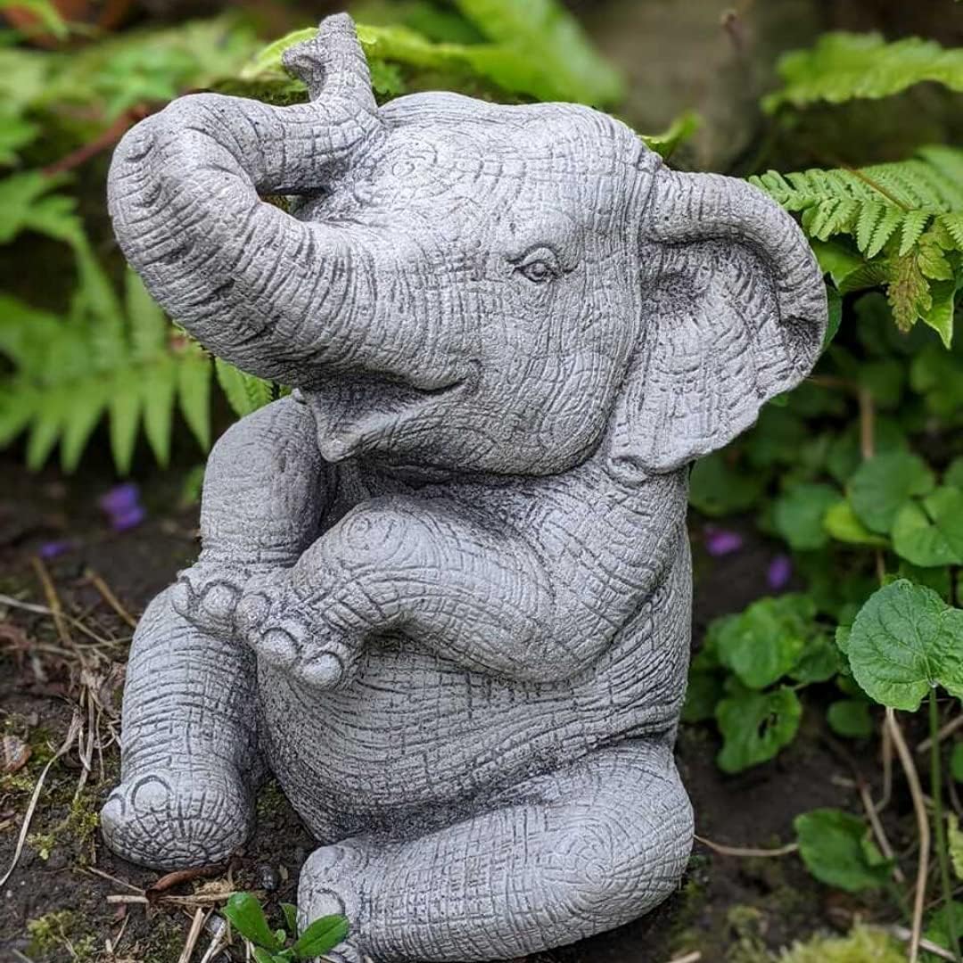 DGS STATUES Stone Cast, Trunk Down Highly Detailed Elephant, Hand Finished, Large, Statue