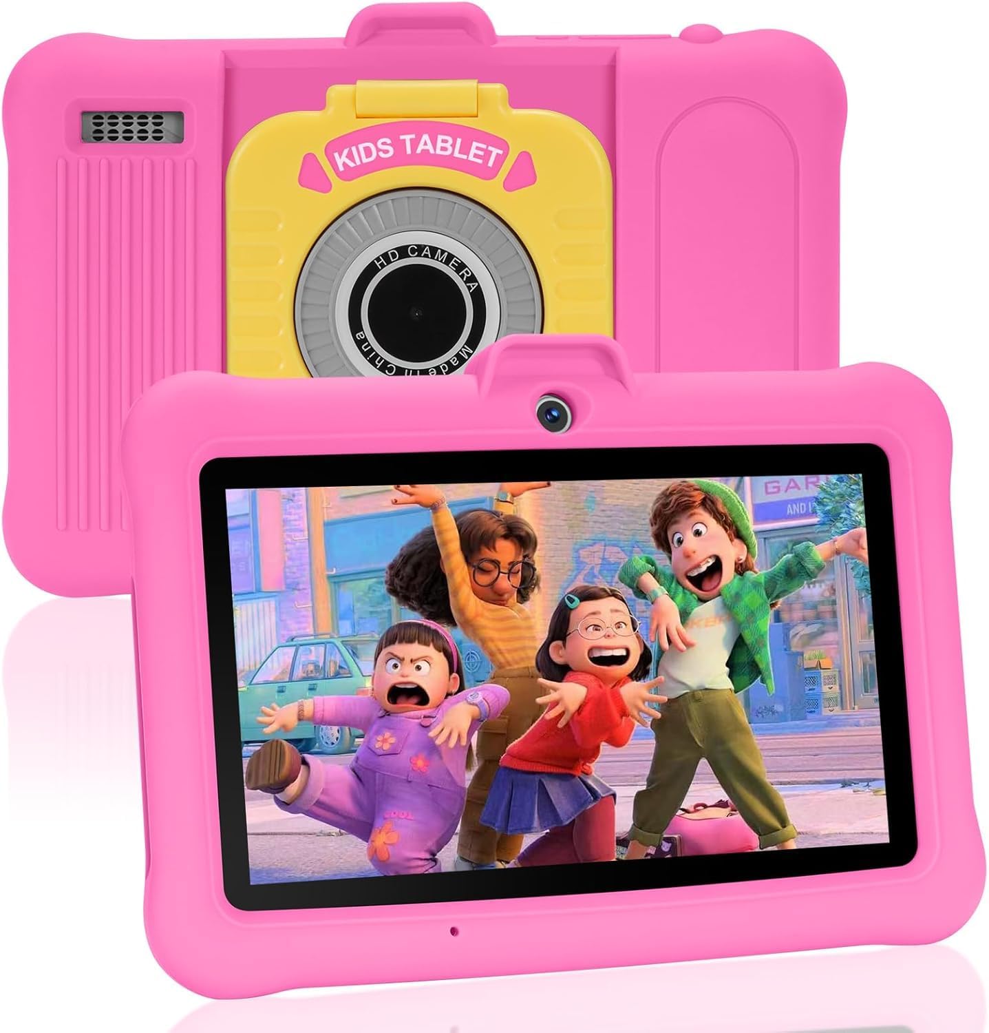 Kids Tablet 7 inch Android Tablet for Kids (Ages 2-14), 8GB RAM 64GB ROM 128GB Expand,Software Pre-Installed, Bluetooth, WiFi,with Shockproof Case-Pink