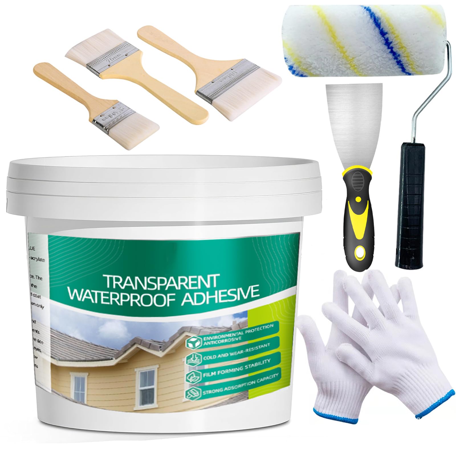 5Kg/202Fl.oz Impermeabilizante Transparente Hidrofugante Invisible Baldosas,Hormigón,Tejados Impermeable Agente Cepillos de Madera,Rascador,Rodillo de Pintura,Guantes de Trabajo