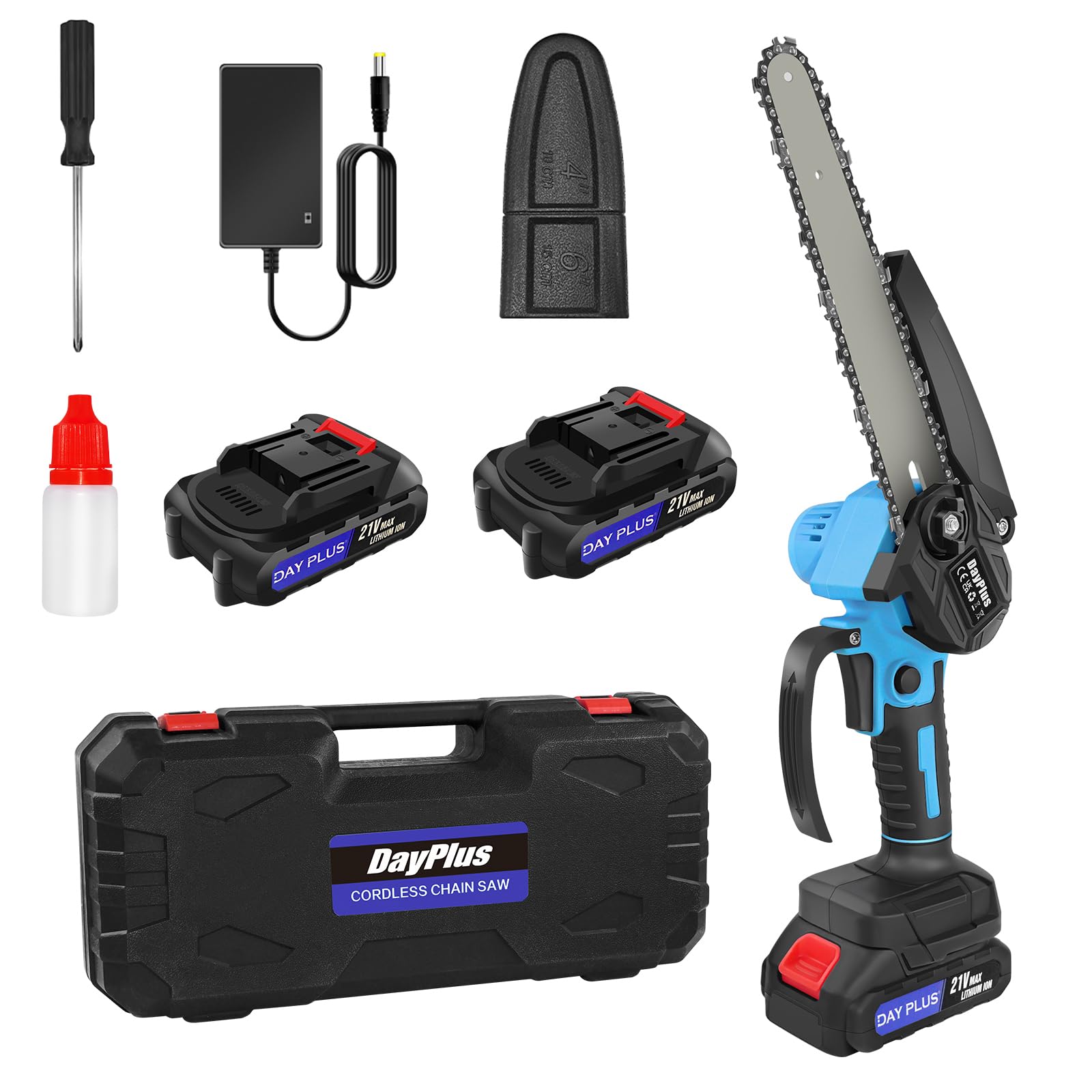 Mini Chainsaw-8 Inch Brushless Motor Cordless Chainsaw with Batteries and Charger & Chain, Battery-Powered Electric Chain Saw with Safety Lock, One-Handed Chain Saw for Wood Cutting Tree Trimming,Blue