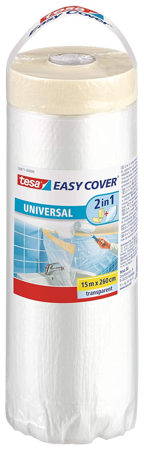 tesa Easy Cover Film Universal – 2 in 1 Protective Cover with Adhesive Tape for Masking – 15 m x 260 cm