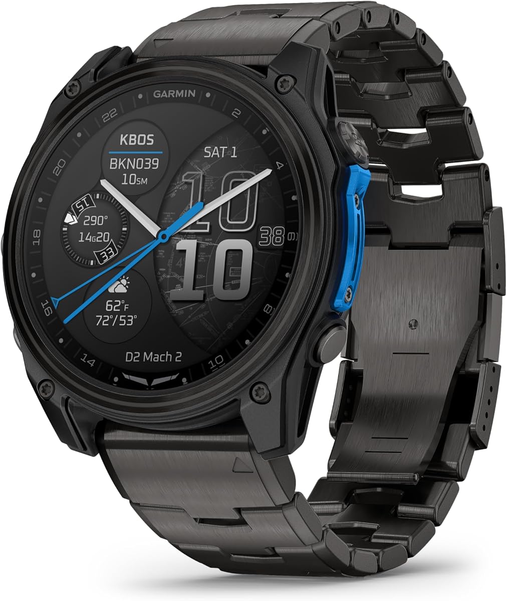 D2™ Mach 2 - 51 mm, reloj inteligente de aviador premium con GPS, mapas de vuelo avanzados, linterna LED, micrófono/altavoz incorporado para llamadas y mensajes de texto, titanio DLC gris carbón con pulsera de titanio