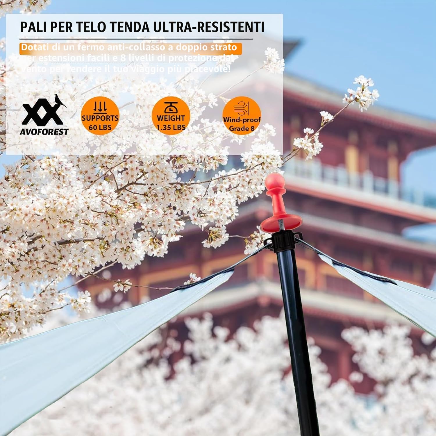 Set di 4 pali telescopici in alluminio aeronautico con cappuccio di protezione, resistenti al vento, pieghevoli, set di 4 per teloni, tettoie, tende da sole, escursioni