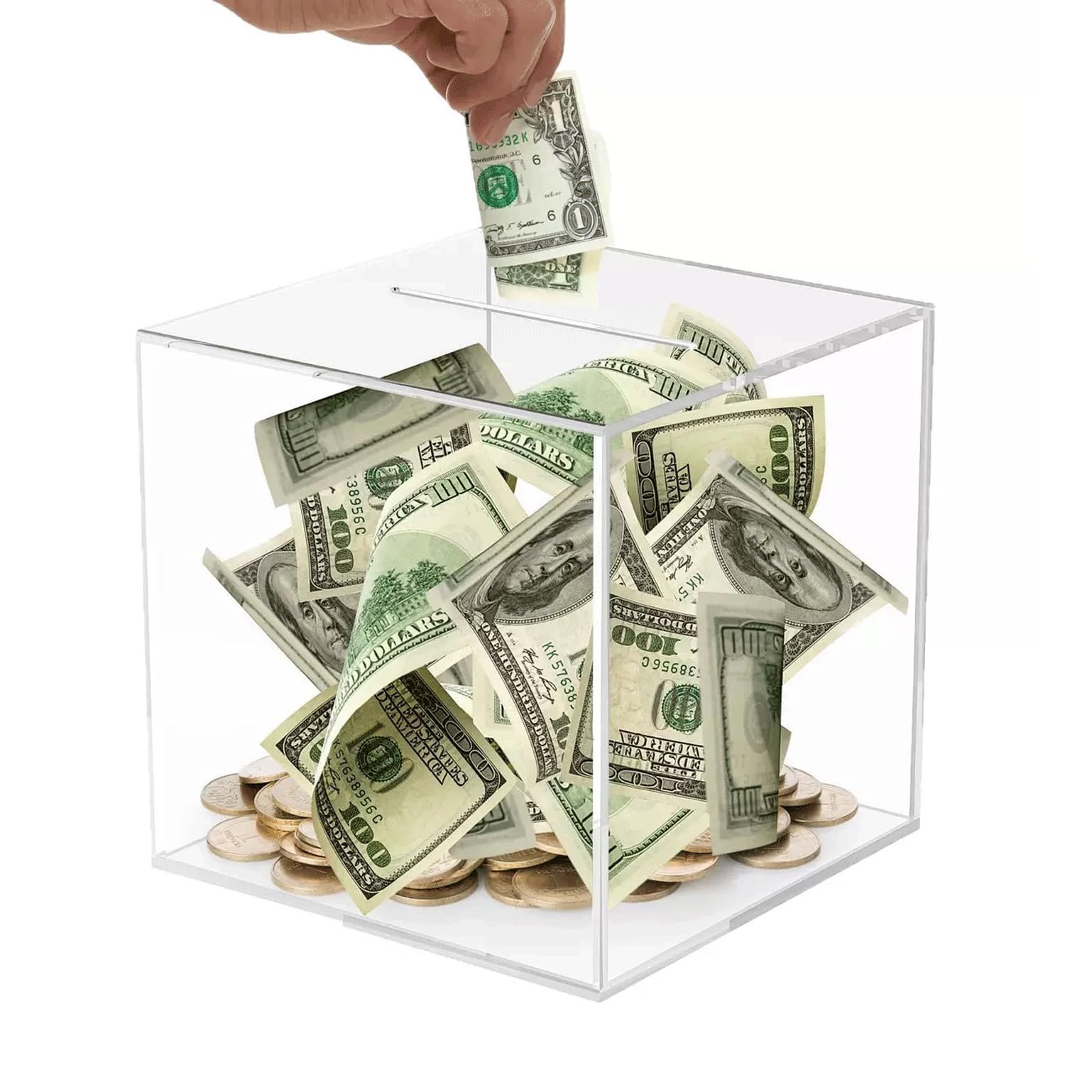 Clear Acrylic Money Box, Visual Progress Tracker and Coin Counter, Motivational Gift for Wedding, Fund, Donation, 15 x 15 x 15cm
