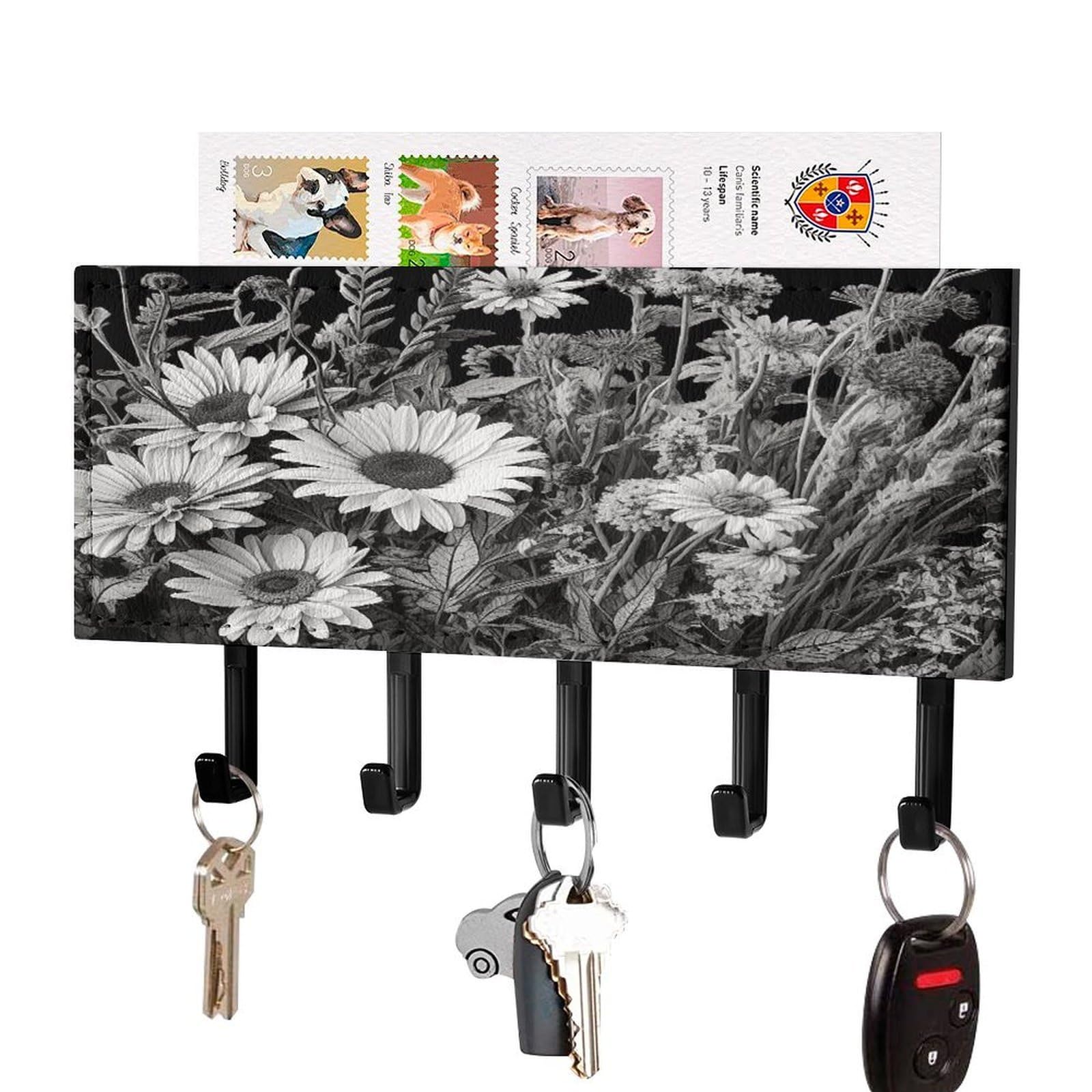VstaDank Black and White Flowers Key Holder for Wall Decorative Mail Organizer Wall Mount with 5 Hooks Easy Installation Key Rack PU Adhesive Keys Rack for Entryway Door Bathroom Kitchen