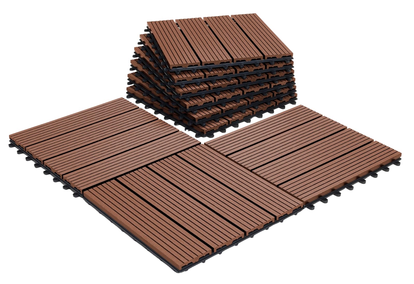 COMPOSITE Decking Tiles - CLICK-DECK - Ebony, Grey & Teak Patio, Balcony, Roof Terrace, Hot Tub Deck Tiles Flooring (Walnut, 36x Composite Decking Tiles) — image 1