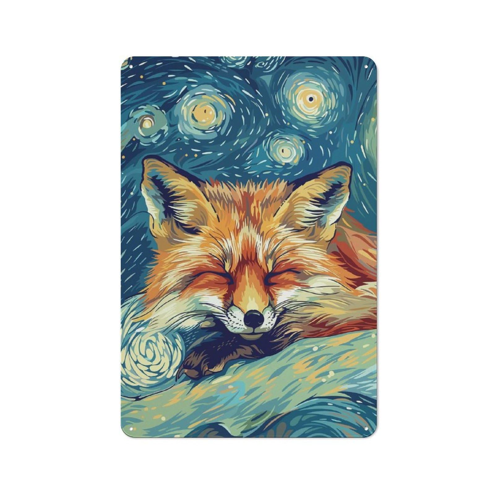 Junmoney Sleeping Fox Starry Night Art Printed Metal Sign 30X20cm For Café Or Restaurant, New-Space Wall Decor For Café Owners And Decorators