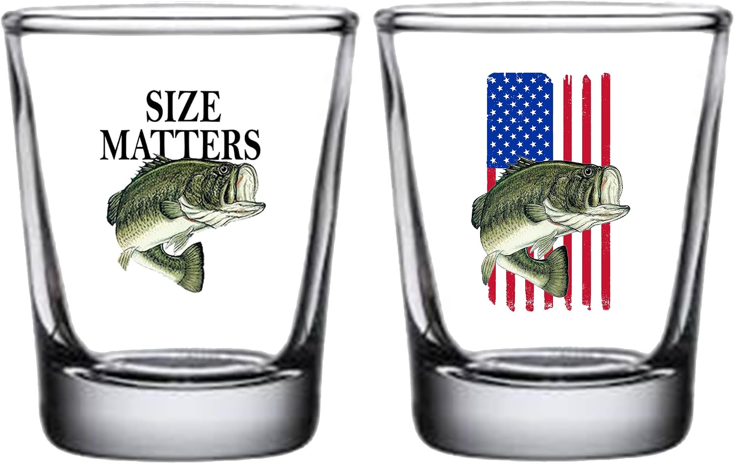 Rogue River Tactical Sarcastic Funny Combo Size Matters, USA Flag Bass Shot Glass Bundle of Two, Gift Set Idea for Fisherman Fishing Friend, Dad, Brother, Grandpa, Coworker, or Boss, 1.5 Ounce