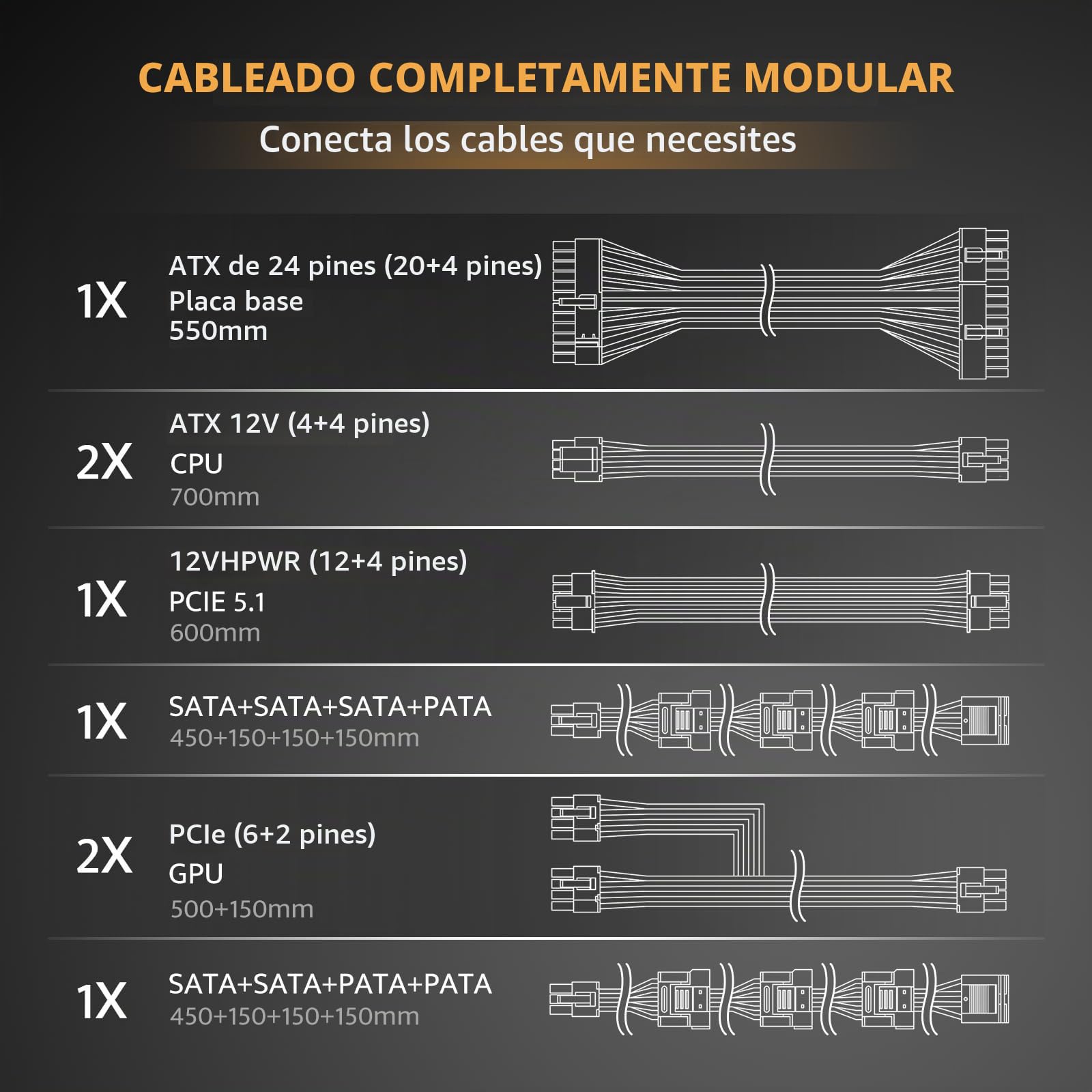 darkFlash PMT750 - Fuente de alimentación Totalmente Modular ATX 3.1 y PCIe 5.1, Cable de 12VHPWR Incluido, condensadores 100% japoneses de 105 °C, Fuente de alimentación 80 Plus Gold para Juegos