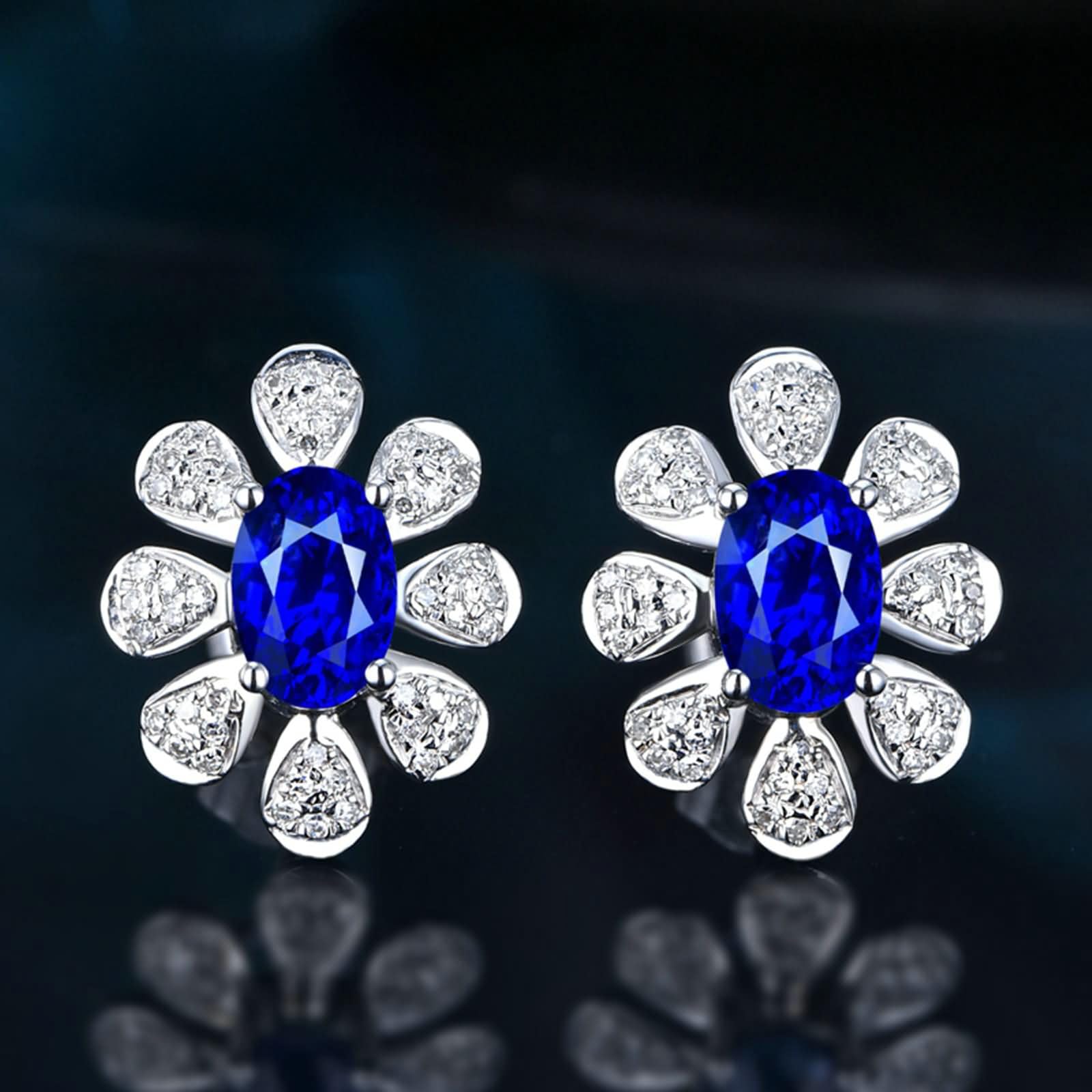 9K / 14K / 18K / 18 Kt Białe Złoto Ślubne Kolczyki Damskie Kwiat Owalny 1,2 CT Szafir Diament Kolczyki Kolczyki Kobiet Niebieski Srebrny