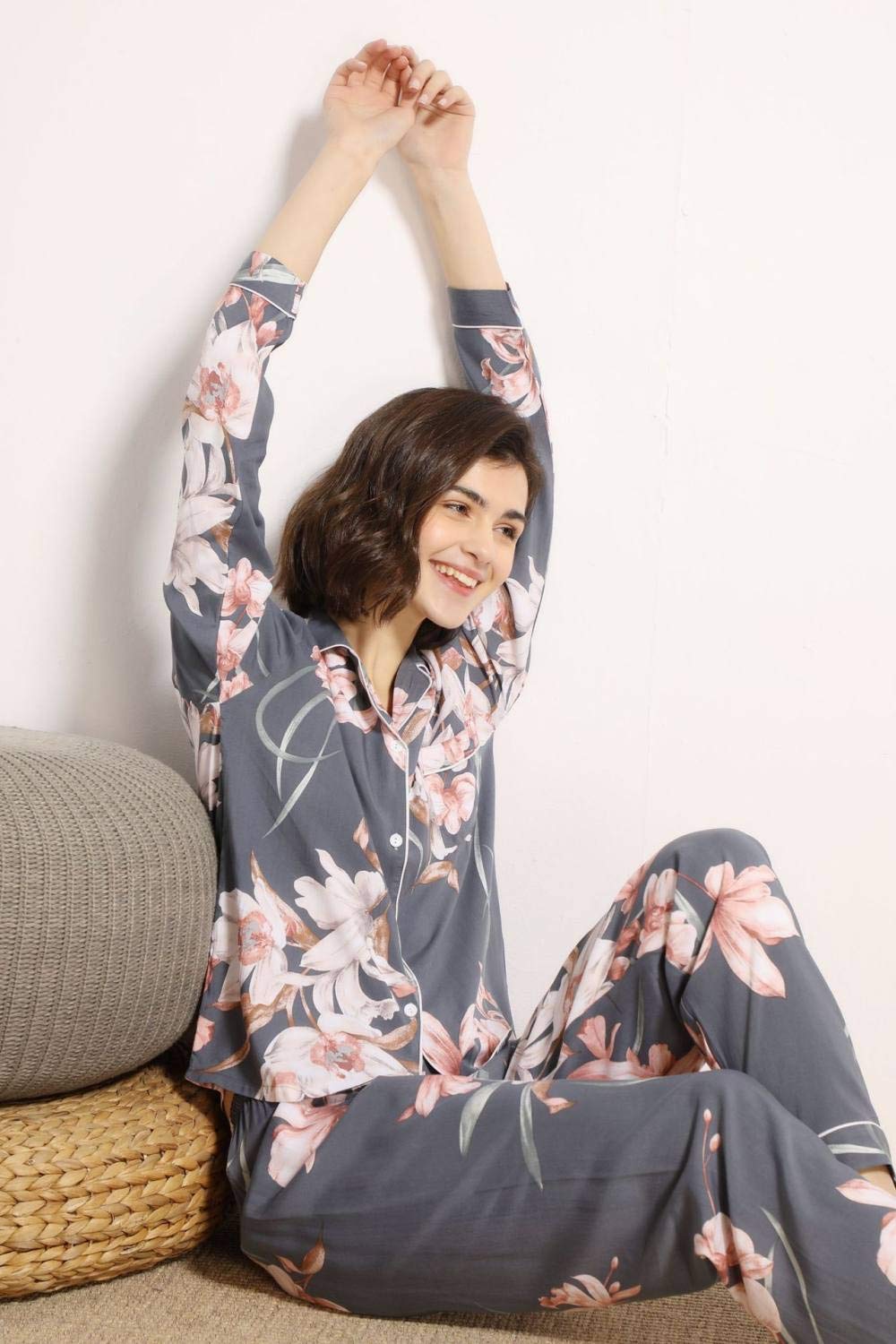 Conjunto De Pijamas De Mujer,Suave & Acogedor Pijama De Algodón Viscosa Elegante Estampado De Flores Fino Manga Larga Con Botones Conjuntos De Pijamas Ropa De Dormir De Verano Ropa De Dormir Ropa De