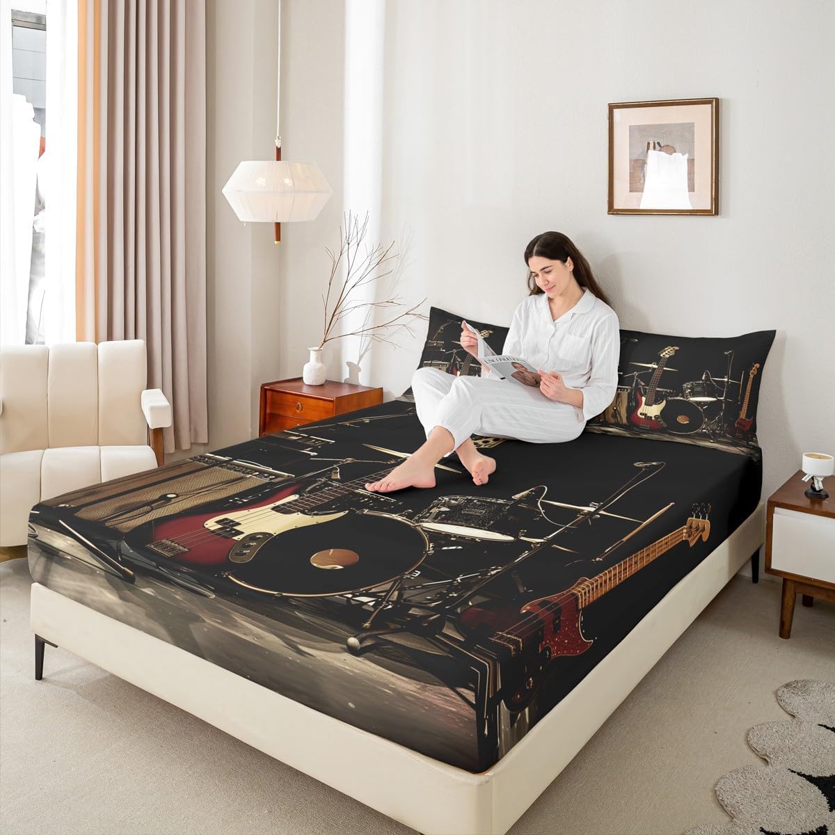 Castle Fairy 3D Drum Bed Sheet Sets for Kids Boys Teens Adults,Musical Instrument Fitted Sheet Queen,Rock Roll Music Bedding Sheet Set with Deep Pocket for Bedroom Living Room image 4