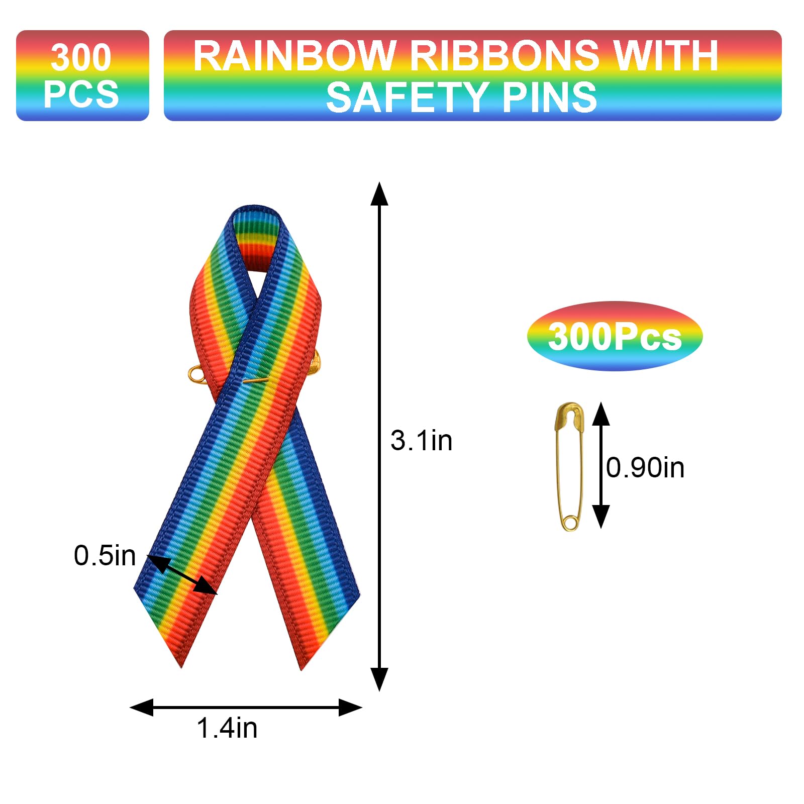WANDIC Lot de 300 Broches en Ruban de Satin Gros-Grain Arc-en-Ciel avec épingles à nourrice pour décoration d'événements LGBTQ